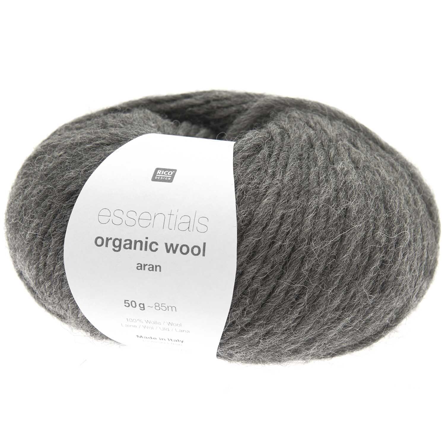 Essentials Organic Wool aran: Anthrazitfarbene Wolle von Rico Design, 50g Knäuel, ideal für Strickprojekte.