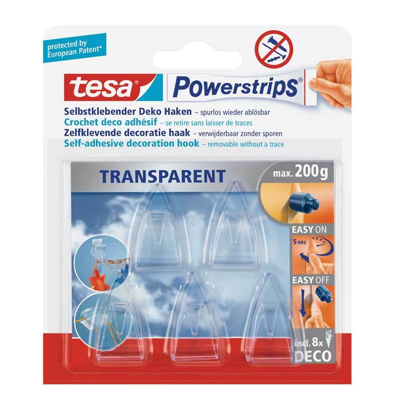 Powerstrips Decohaken kristallklar von tesa, selbstklebend und transparent, ideal für Dekorationen.