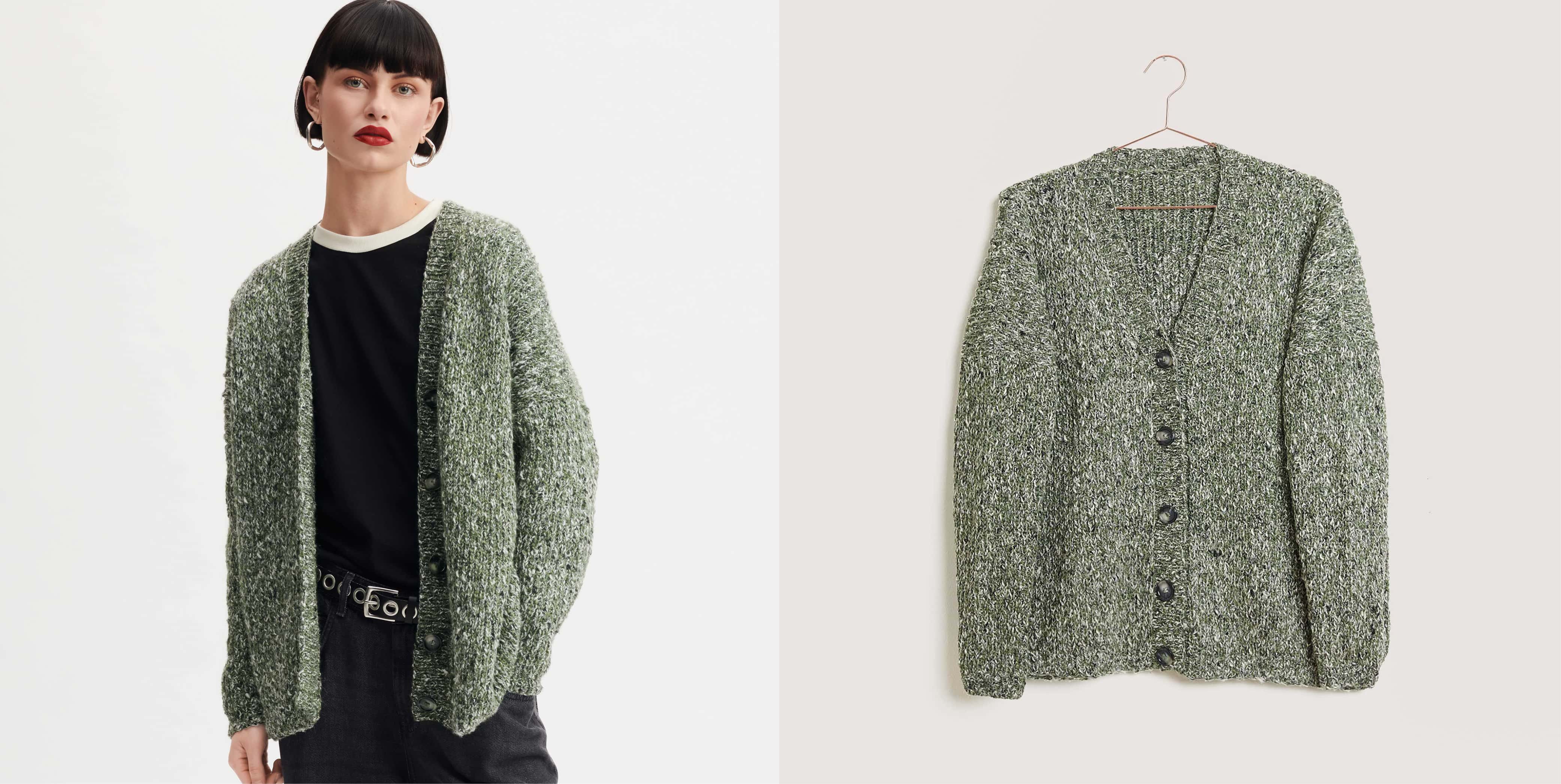 Gestrickte Jacke in Dunkelgrün meliert Modell 37 aus Made by Me No. 18 getragen am Model und auf einem Kleiderbügel