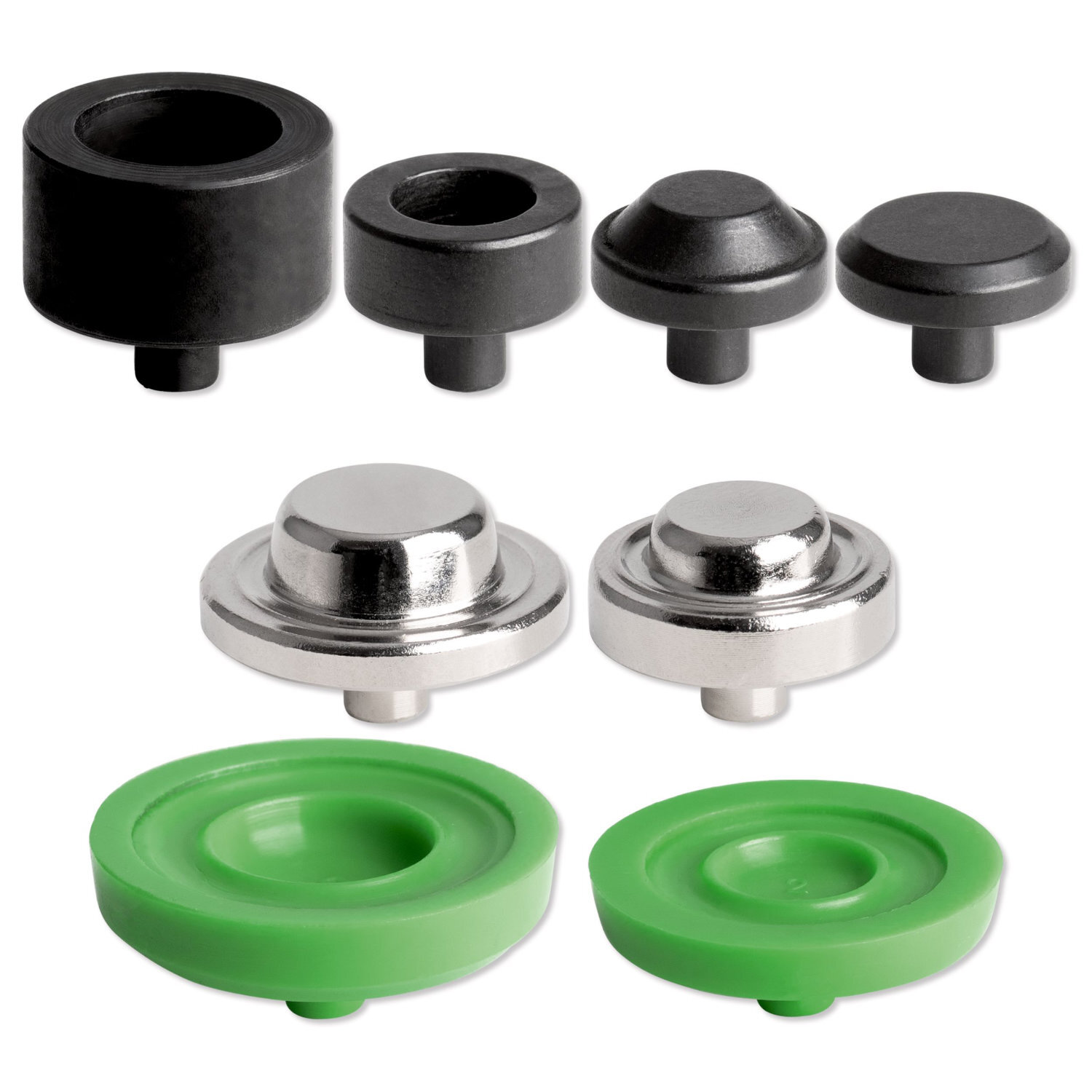 Werkzeugset Ösen von Prym: Verschiedene Metall- und Kunststoffteile in Schwarz, Silber und Grün für 11 & 14 mm Ösen.