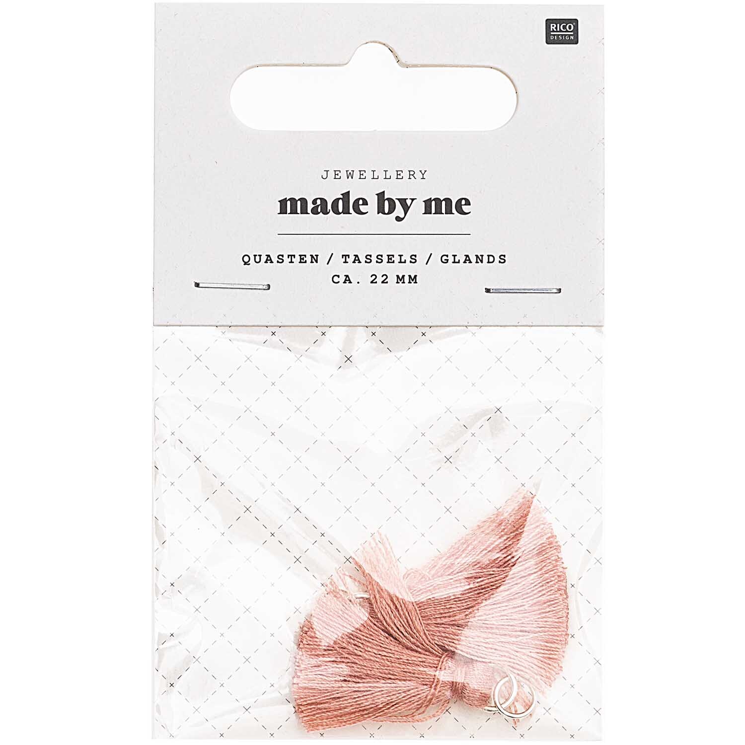Quasten mit Öse 2,2cm 2 Stück von Rico Design in Pink, ideal für Schmuckherstellung.