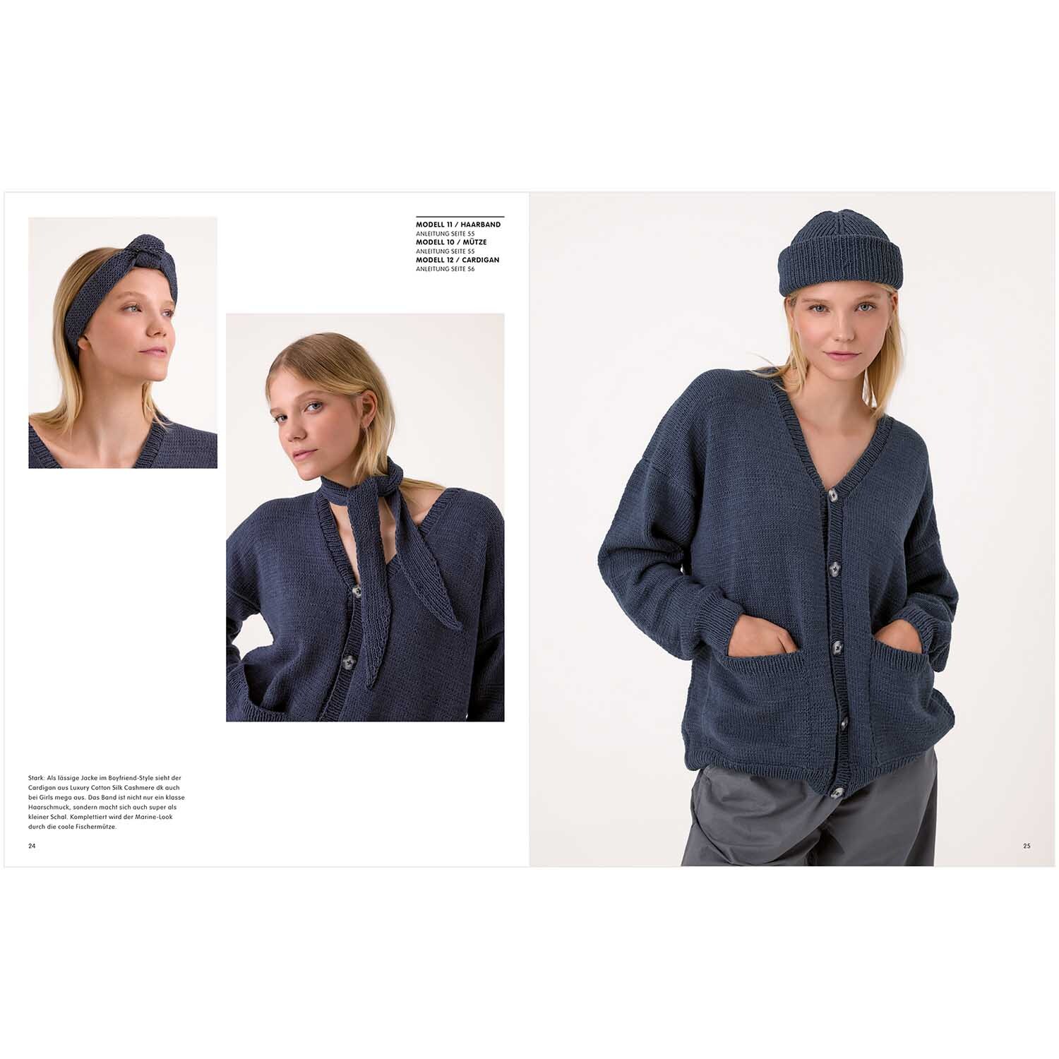 Luxury Knits Summer Special: Frau in dunkelblauer Strickjacke und Mütze von Rico Design, lässig und stilvoll.