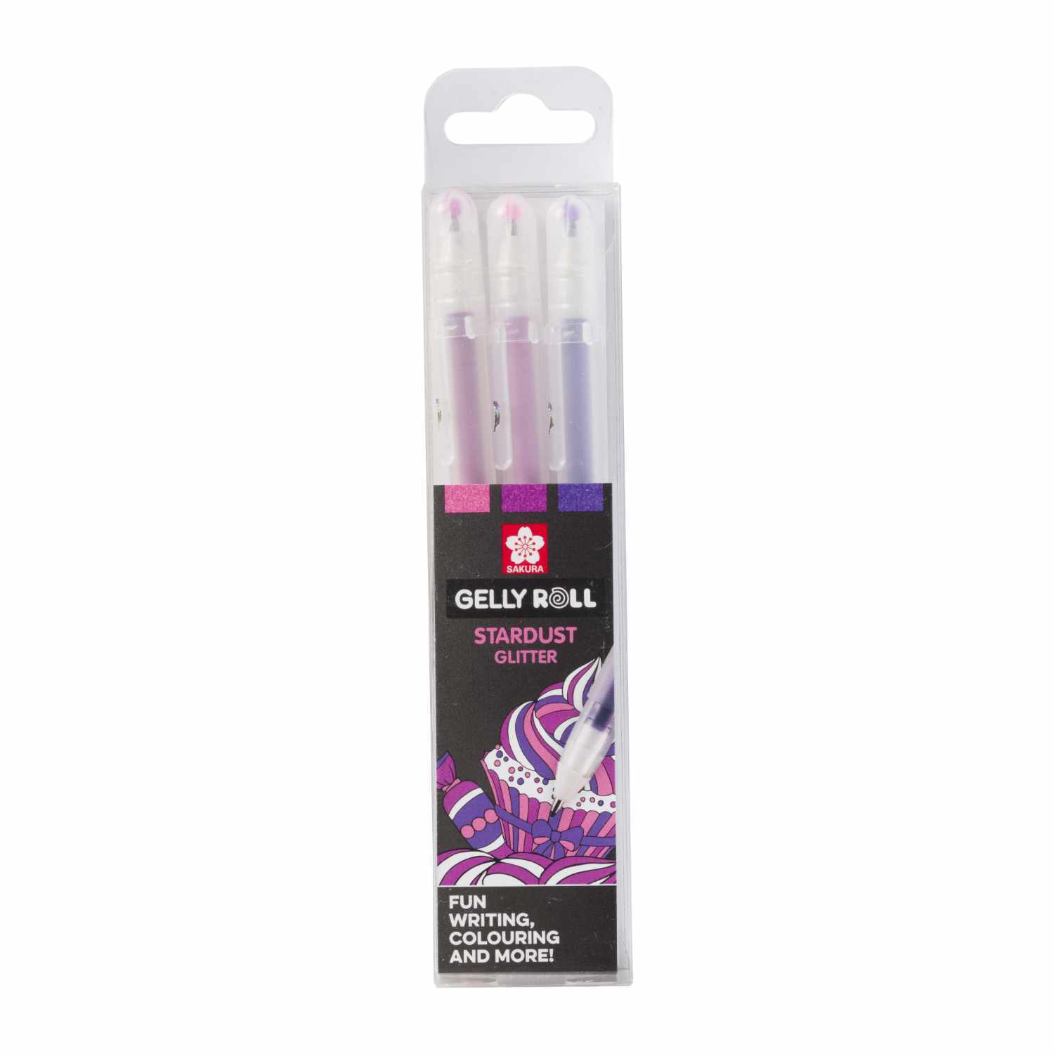 Gelly Roll Stardust Gelstifte Sweets 3 Stück in einer transparenten Verpackung mit bunten Kappen, ideal zum Schreiben und Malen.