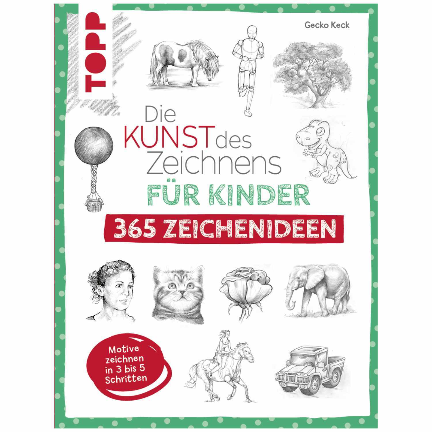 Die Kunst des Zeichnens für Kinder zeigt verschiedene Zeichnungen von Tieren und Objekten.