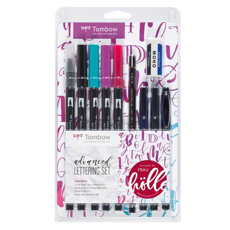 Tombow Lettering Set Advanced von Frau Hölle mit bunten Stiften und Radiergummi in Verpackung.