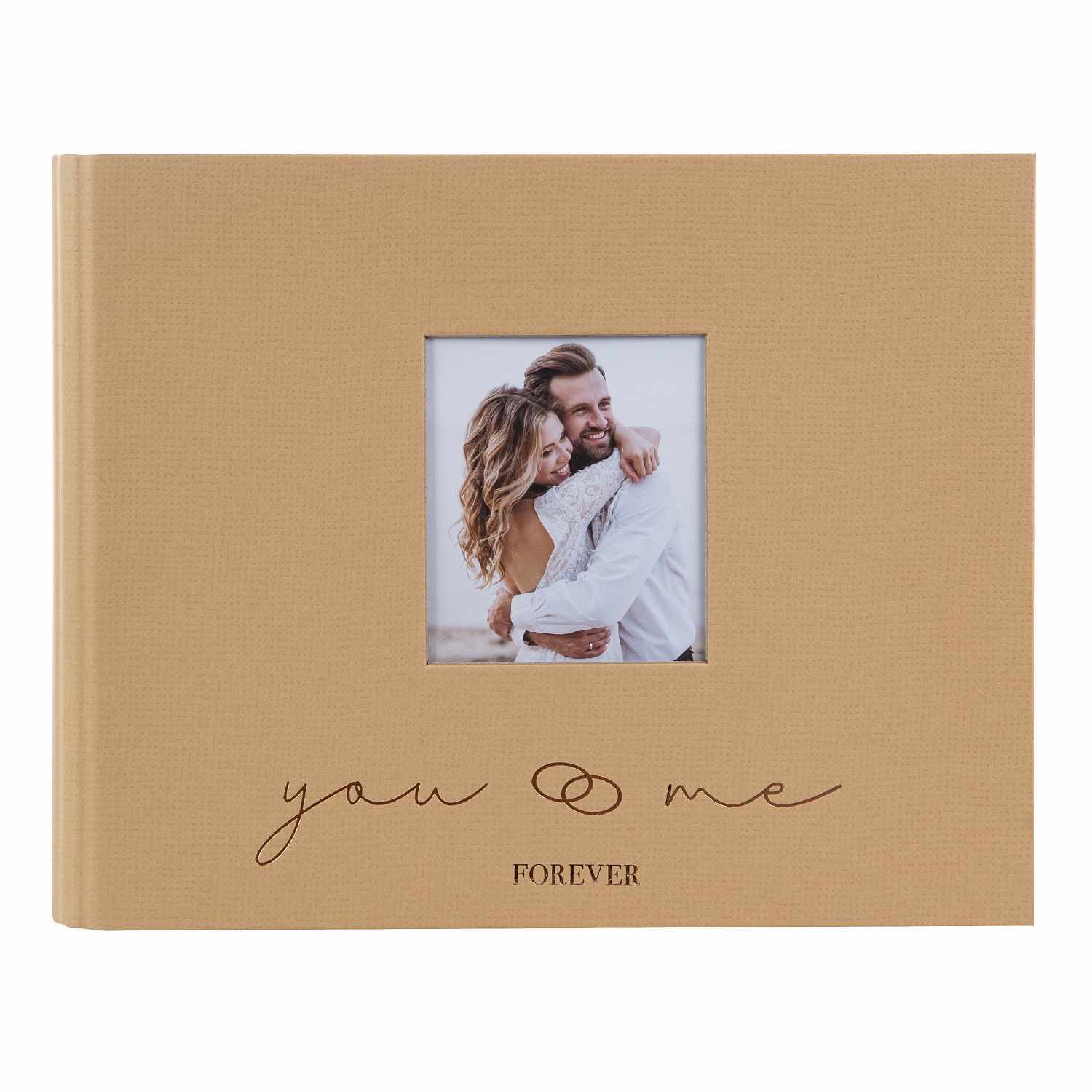 Fotoalbum "you & me forever" in Braun mit Sichtfenster, zeigt ein Paar in Umarmung, 29x23cm.