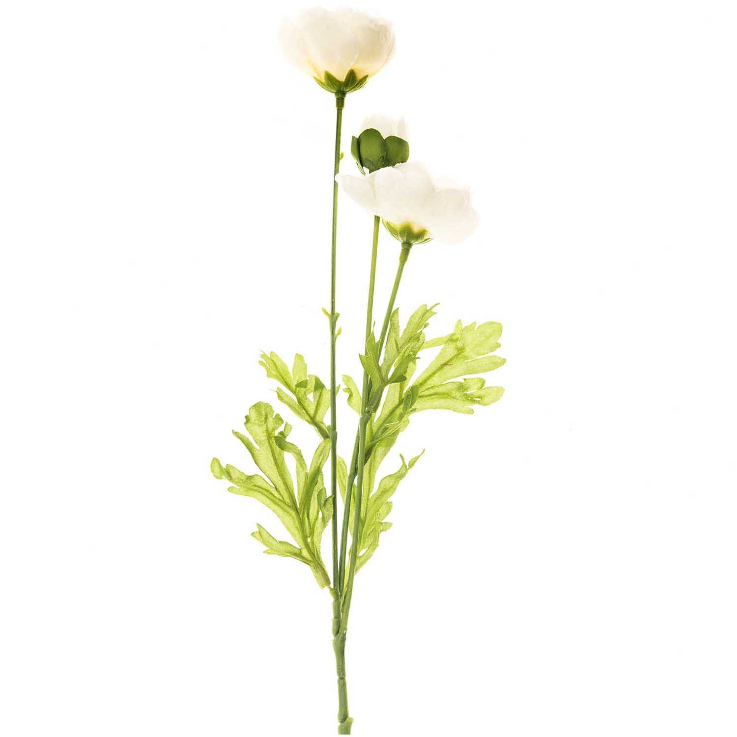 Ranunkel weiß 42cm: Elegante künstliche Blume mit grünen Blättern, ideal für Dekorationen.