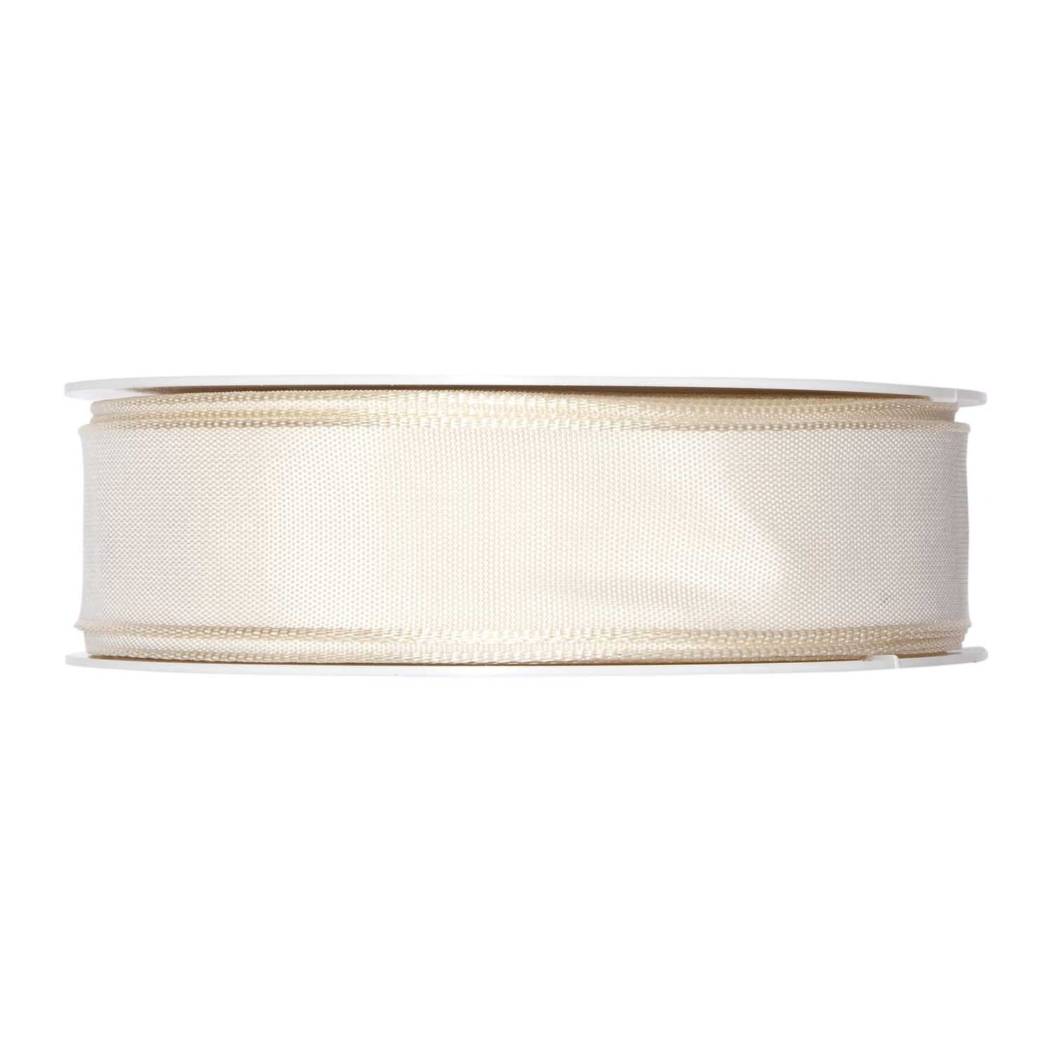 Drahtkantenband 25mm 5m von Halbach in Creme auf Rolle, ideal für Dekorationen und Bastelprojekte.
