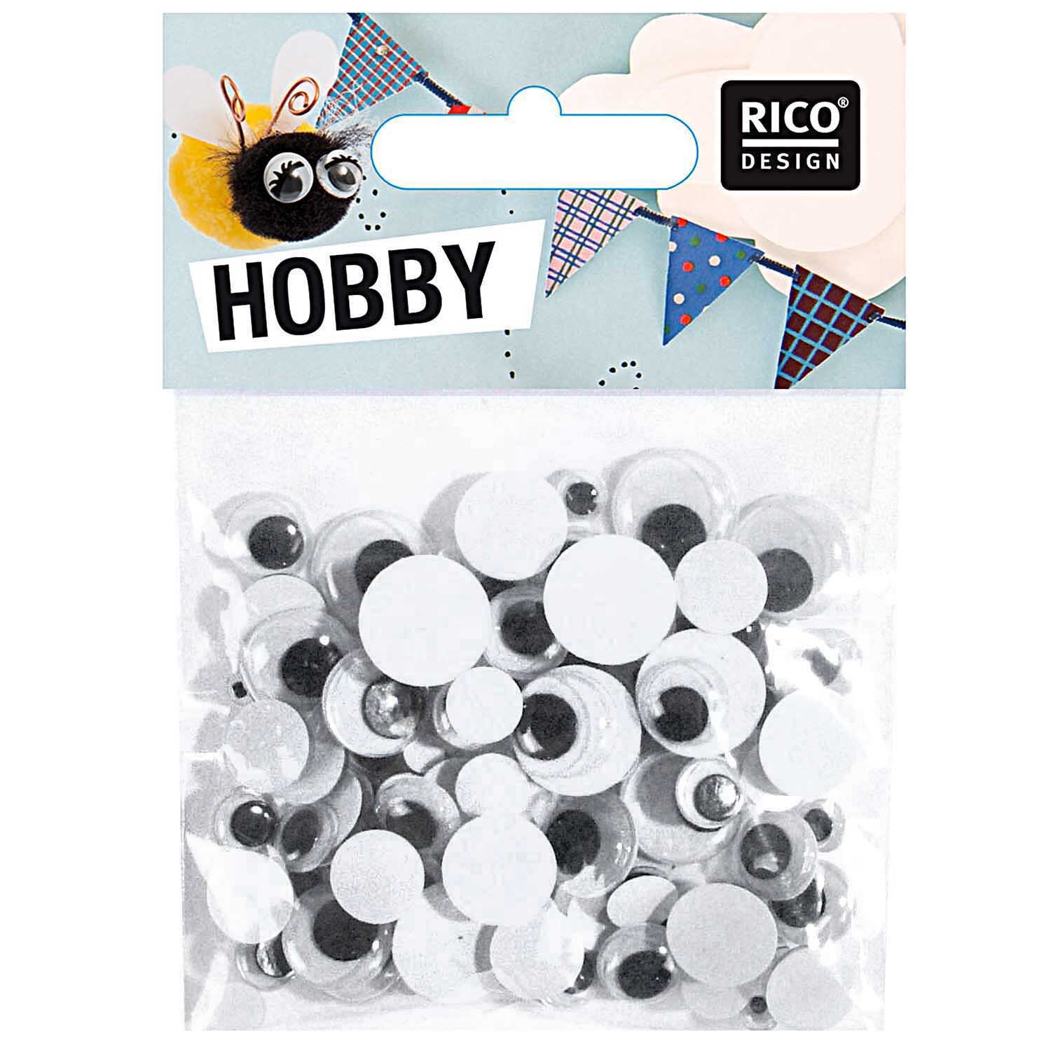 Wackelaugen Mix 100 Stück von Rico Design in einer transparenten Verpackung, ideal für Bastelprojekte.