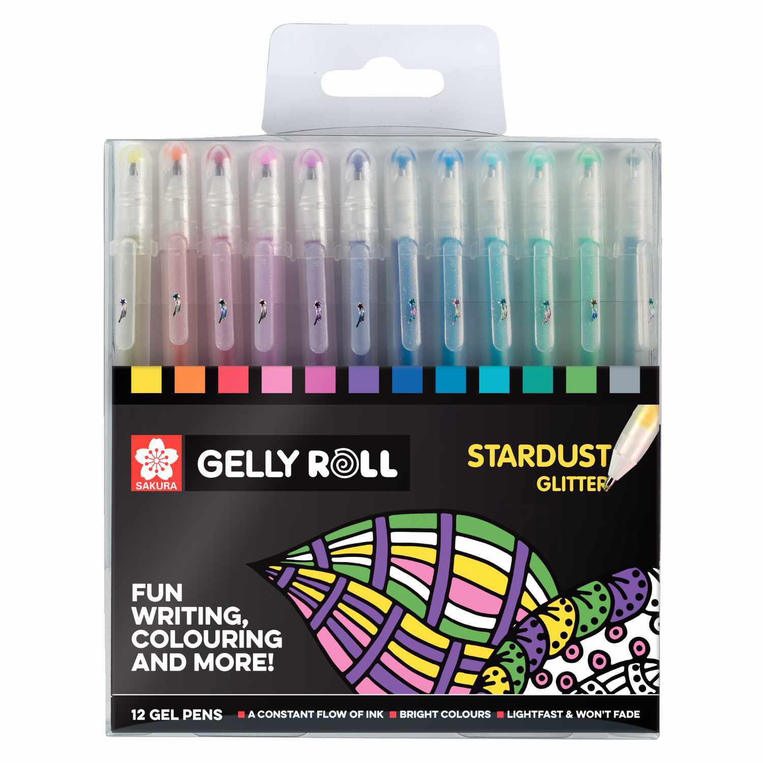 Gelly Roll Stardust Glitter Gelstifte Set mit 12 bunten Stiften von SAKURA in einer transparenten Verpackung. Ideal zum Schreiben und Malen.
