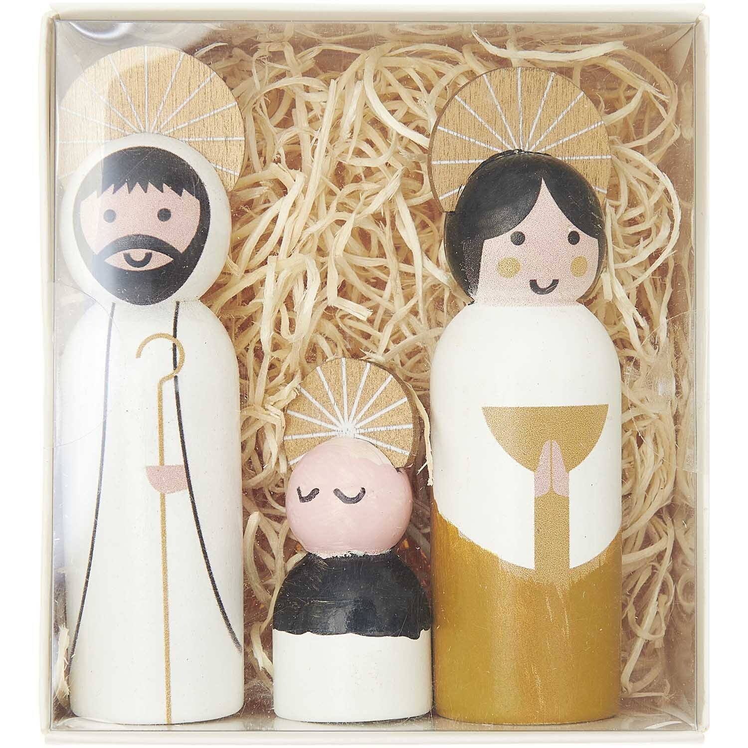 Voll-Holz-Krippen-Figuren natur: Drei handbemalte Figuren in einer Geschenkbox mit Stroh.