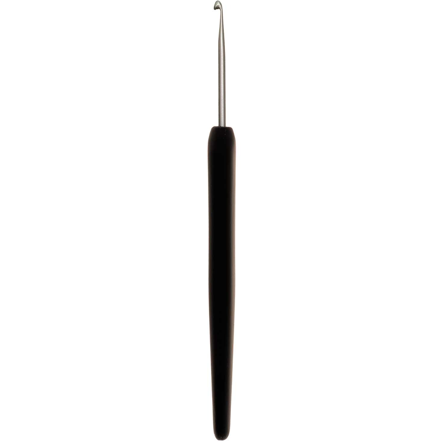 KnitPro Häkelnadel Aluminium mit schwarzem Griff und silberner Spitze, ideal für präzises Häkeln.