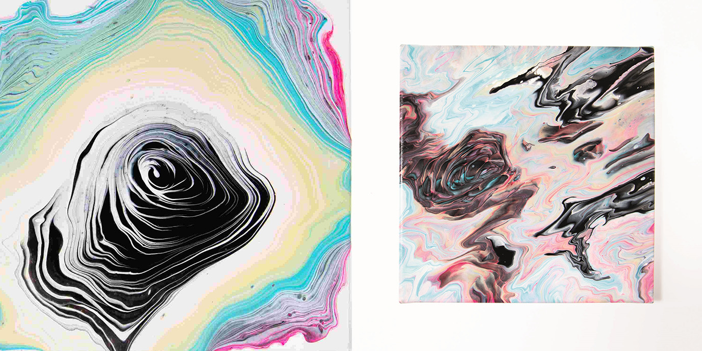 Zwei Bilder aneinandergereiht. Bild mit schwarzem Mittelpunkt und bunten Kreisen und Bild mit schwarzen Akzenten, beide aus Acryl gegossen.