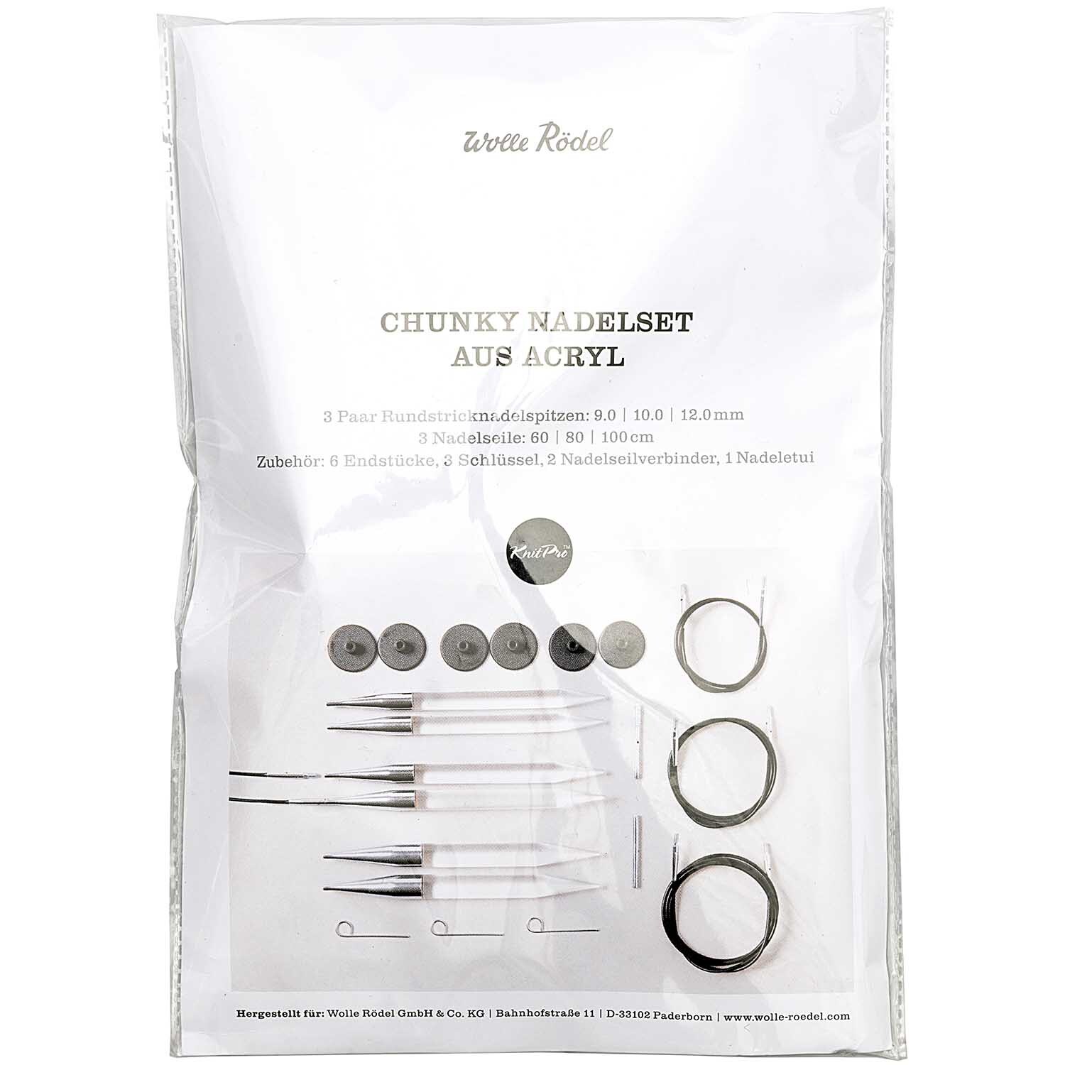 KnitPro Chunky Nadelset Acryl, 18-teilig, präsentiert in transparenter Verpackung mit Zubehör.