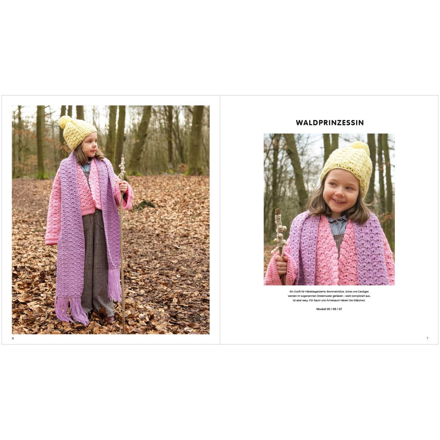 Kids Nr.8: Ein Kind im Wald trägt einen rosa Schal und eine gelbe Mütze von Rico Design.
