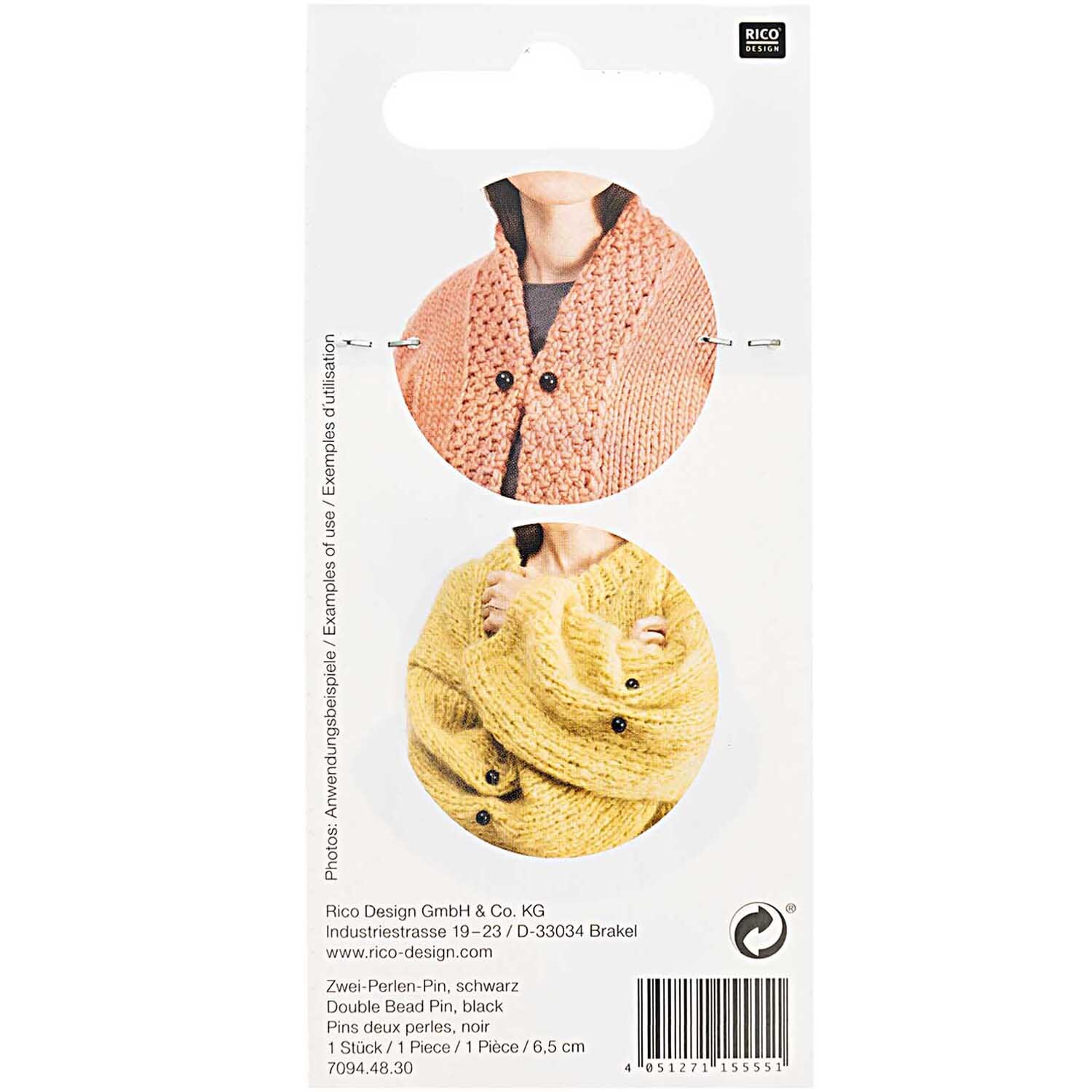 Zwei-Perlen-Pin 65mm, ideal zum Verschließen von Strickjacken, abgebildet in Schwarz von Rico Design.