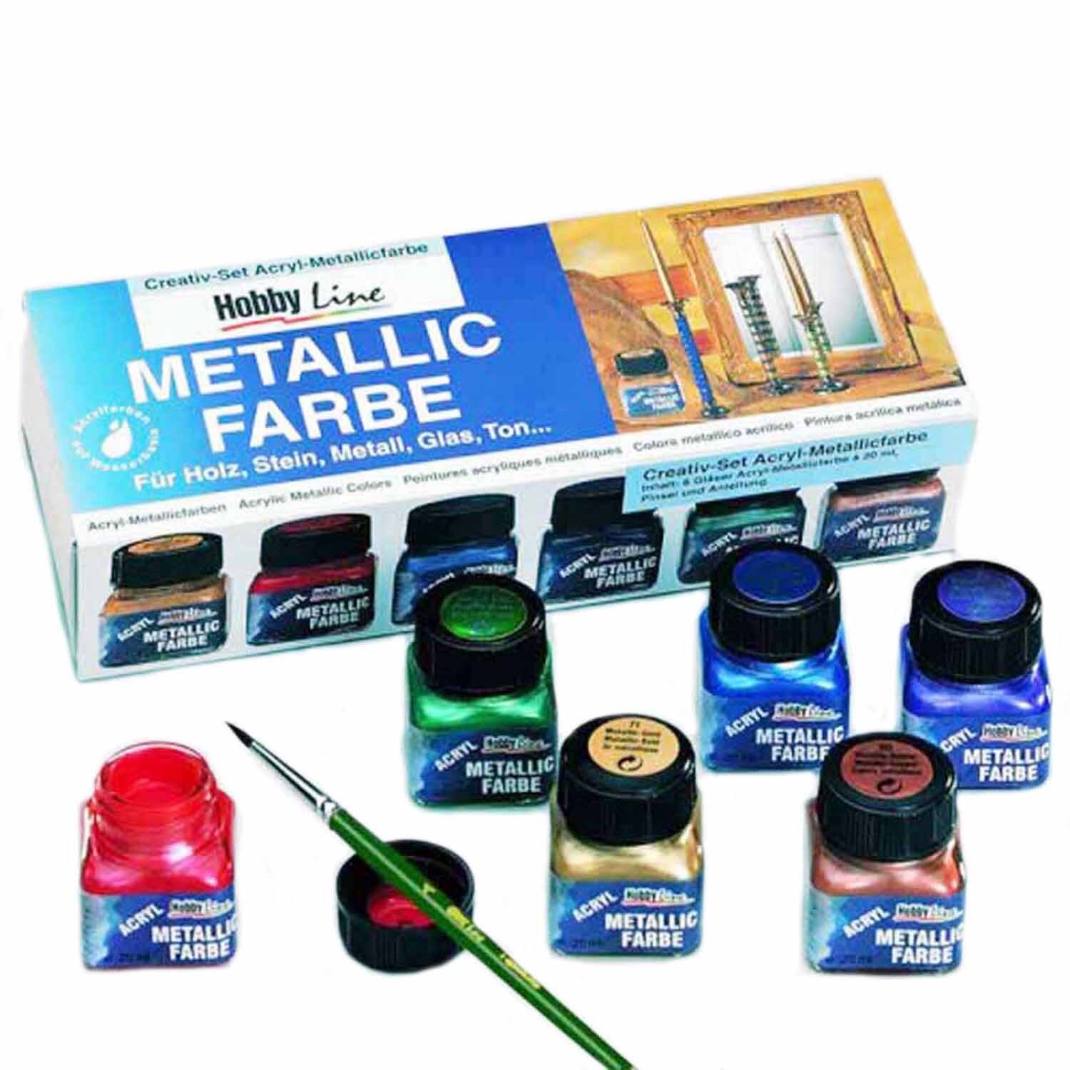 Hobby Line Creativ Set Acryl Metallicfarbe 6x20ml zeigt sechs bunte Farbtöpfe und einen Pinsel. Ideal für kreative Projekte auf verschiedenen Oberflächen.