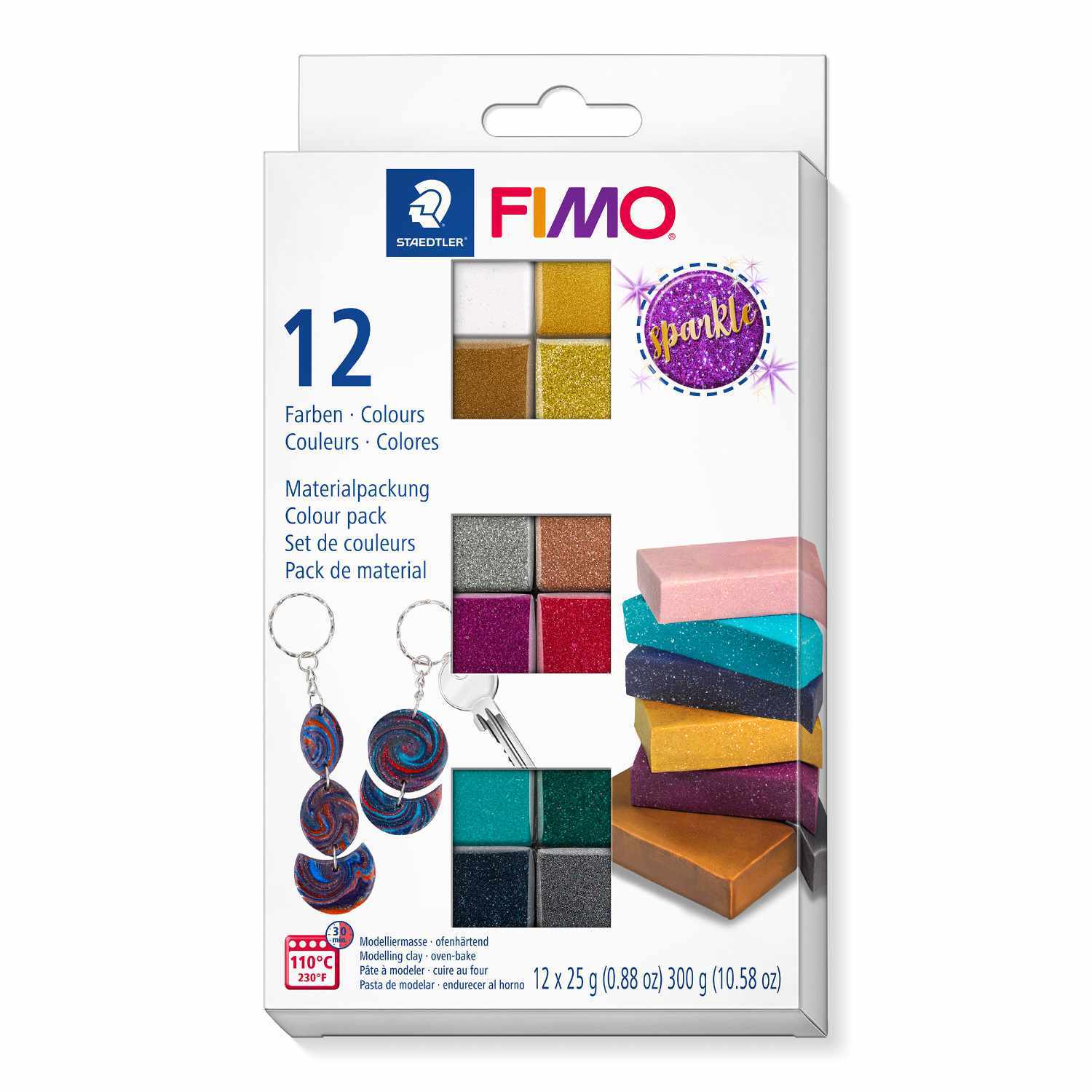 FIMO soft Set-Sparle-Colours 12 Halbblöcke von Staedtler, zeigt bunte Modelliermassen und Schmuckbeispiele.