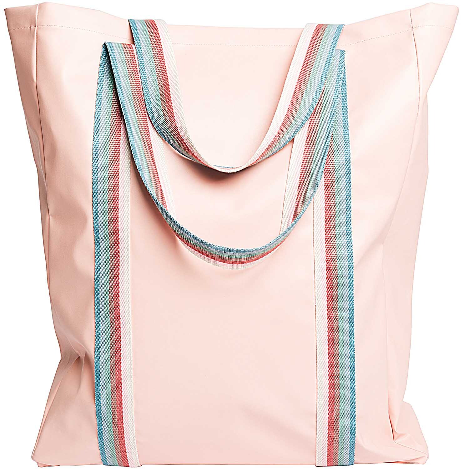 Gurtband gestreift 40mm 2m: Rosa Tasche mit gestreiften Trägern in Blau und Rot, ideal für den Alltag.