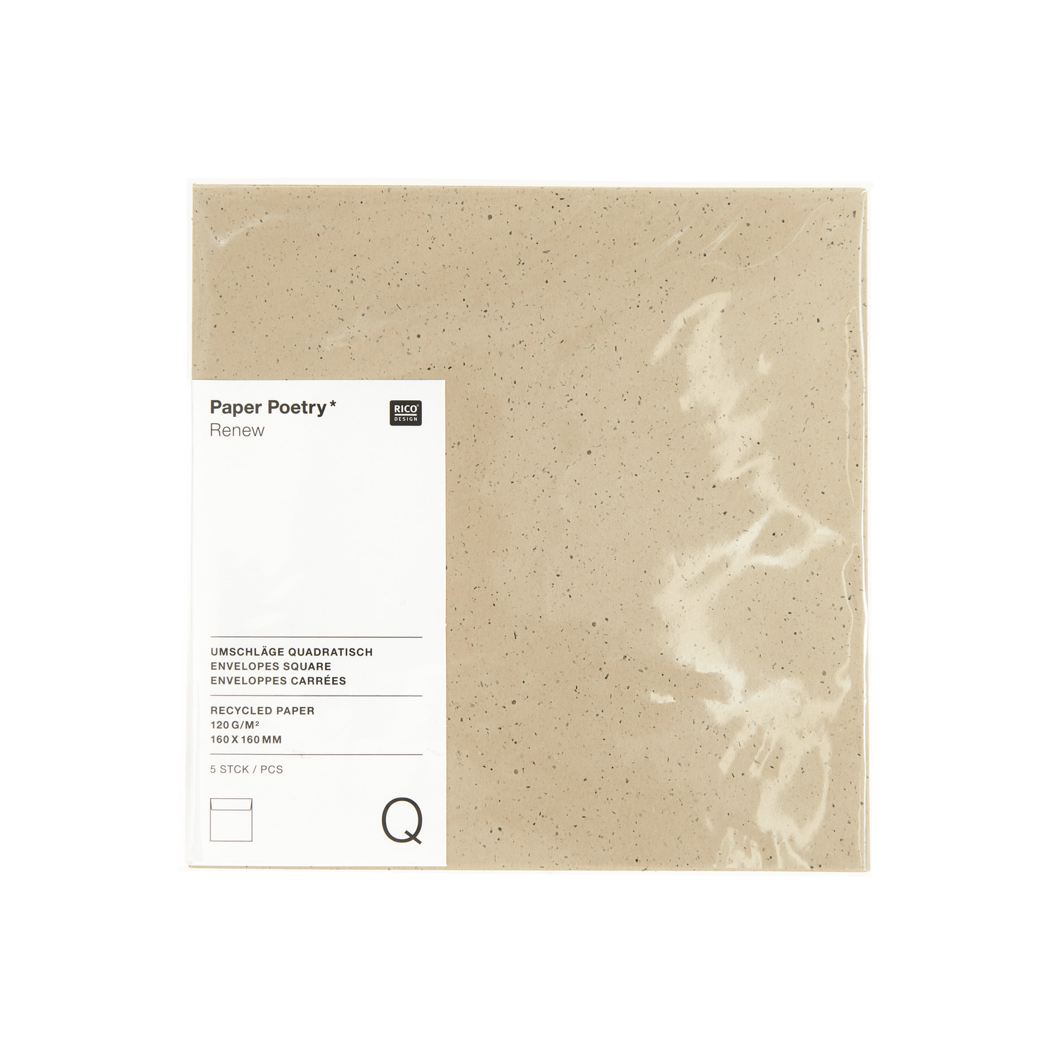 Paper Poetry Renew Umschläge Quadratisch in Cappuccino, 5 Stück, von Rico Design, auf weißem Hintergrund.