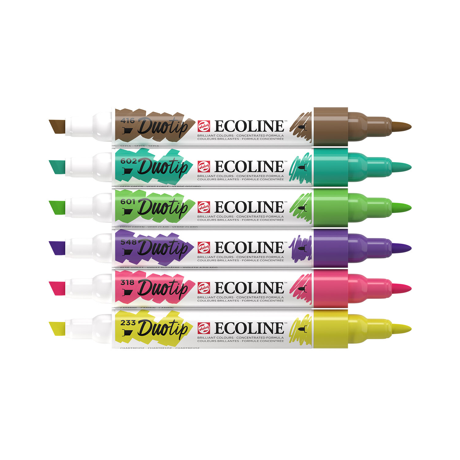 Ecoline Duotip Set Botanik: Sechs bunte Marker von Royal Talens, ideal für botanische Zeichnungen.