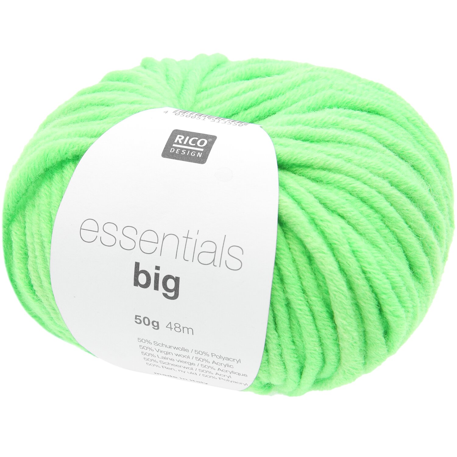 Essentials Big: Neongrünes Garn von Rico Design, 50g, 45m, ideal für kreative Strickprojekte.