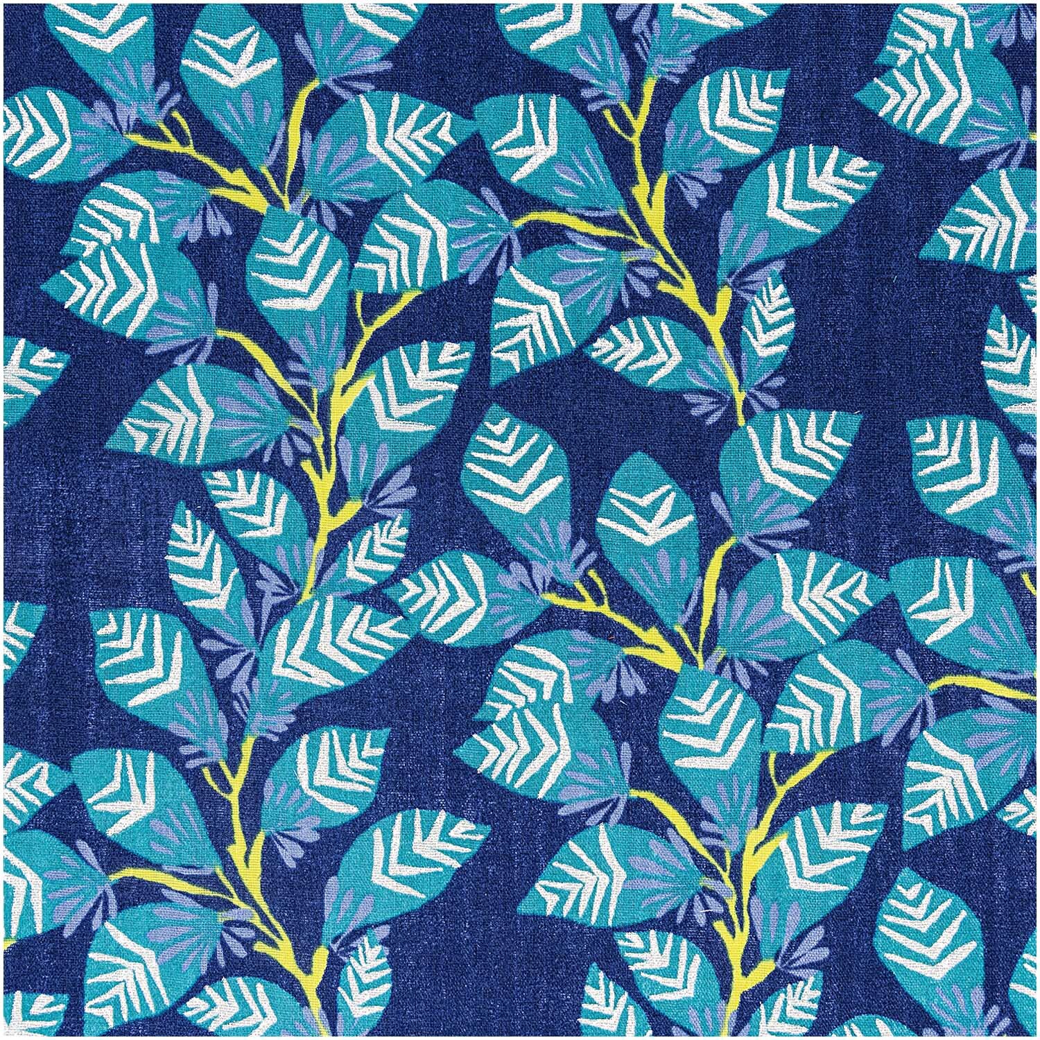 Musselin-Druckstoff Aloha Ranke Hot Foil 140cm zeigt ein lebendiges Blattmuster in Blau- und Grüntönen von Rico Design.