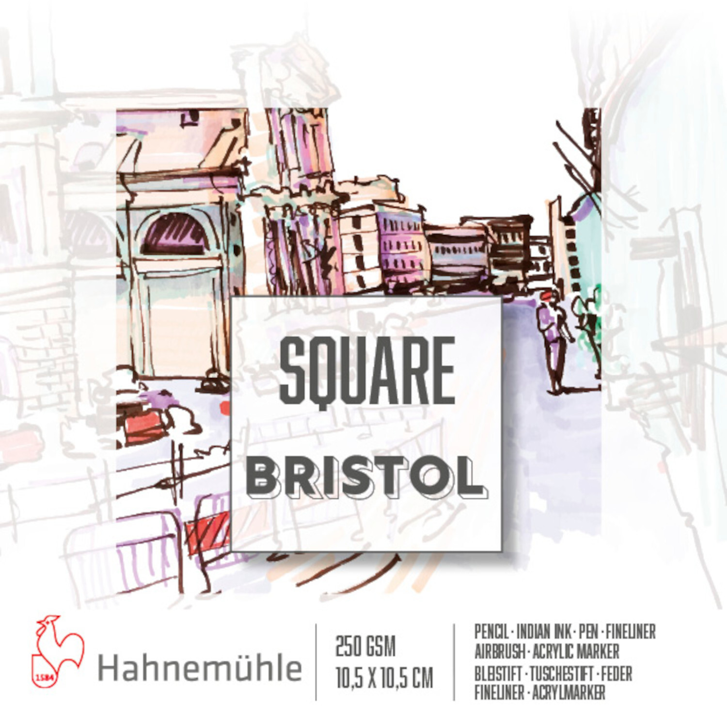 Square Bristol 10,5x10,5cm, Hahnemühle, 25 Blatt. Skizzen von Gebäuden in Pastelltönen auf dem Cover. Ideal für Künstler.