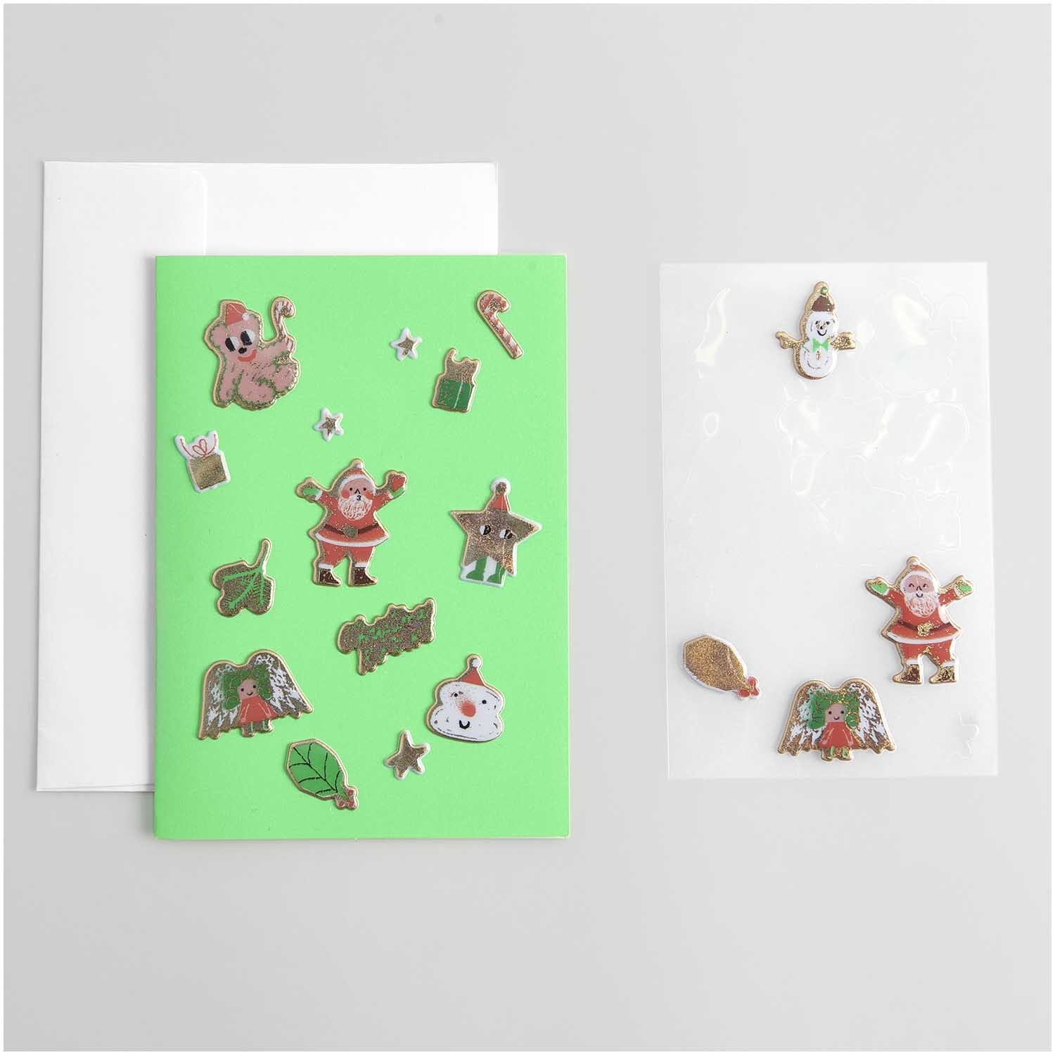 Paper Poetry Puffy-Sticker Figuren 20 Stück von Rico Design auf grünem und transparentem Hintergrund mit weihnachtlichen Motiven.