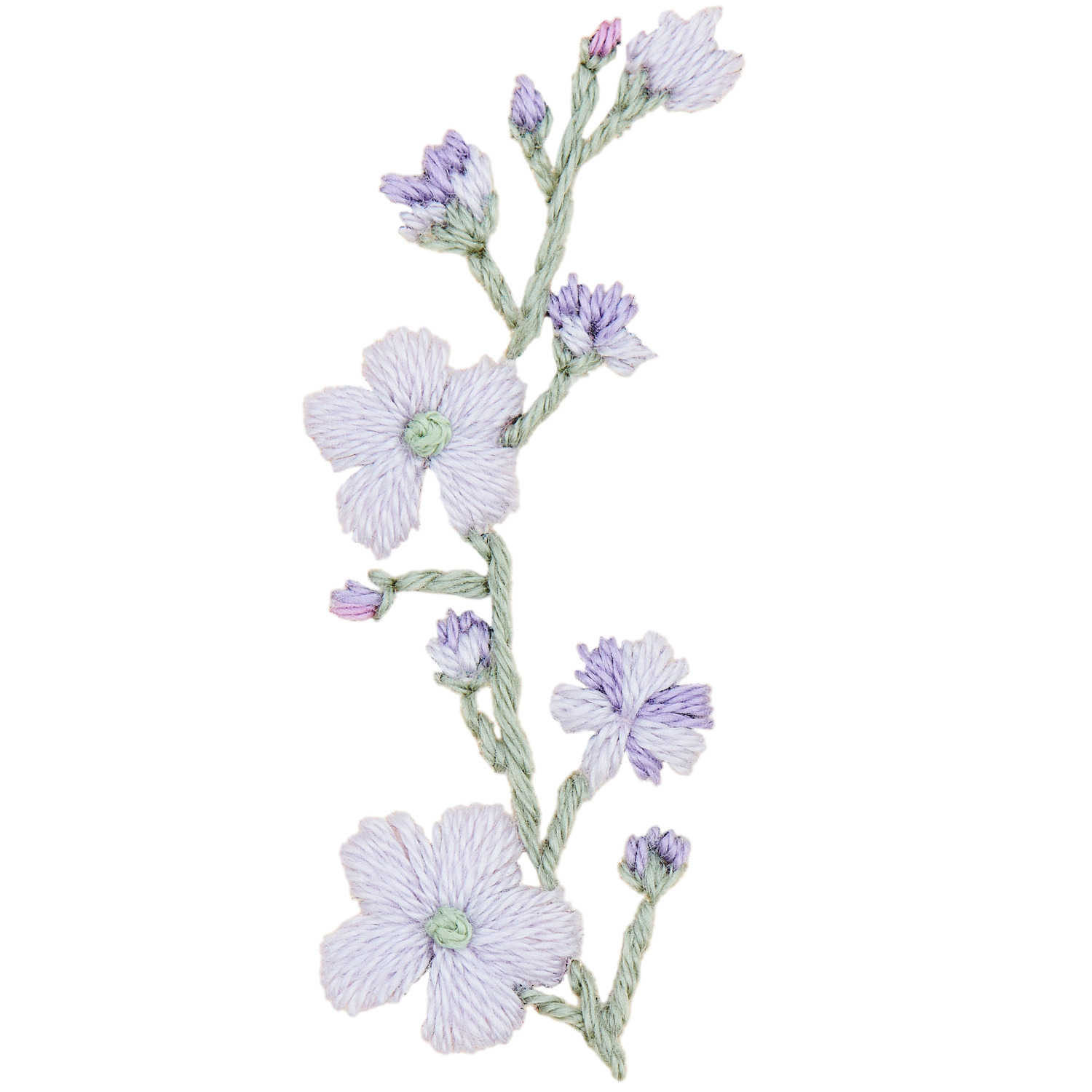 Stick and Stitch Blümchen von Rico Design: Zarte, gestickte Blumen in Pastelltönen auf weißem Hintergrund. Ideal für kreative Projekte.