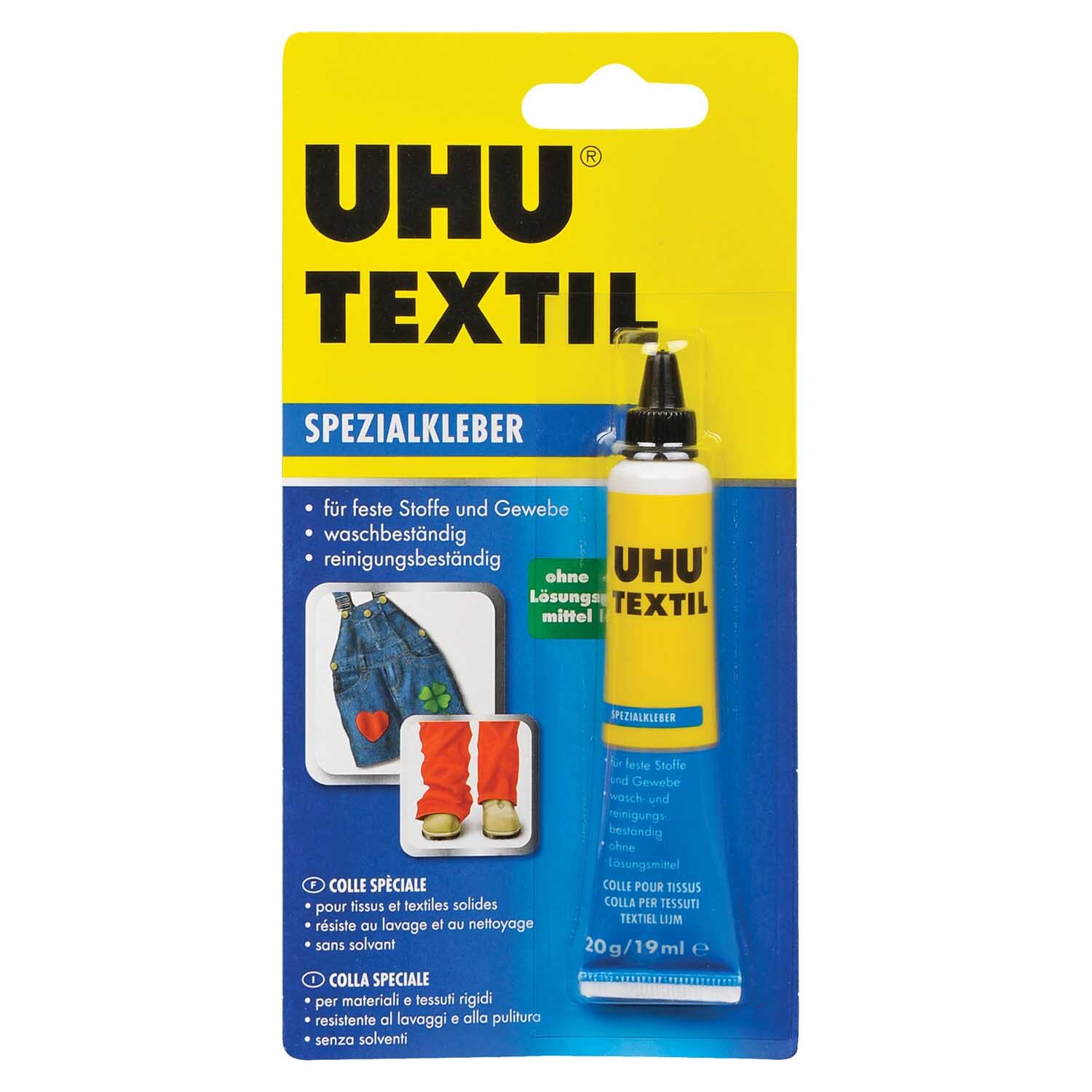 Textil Spezialkleber 20g von UHU in gelber Verpackung mit blauer Schrift, ideal für Stoffe.