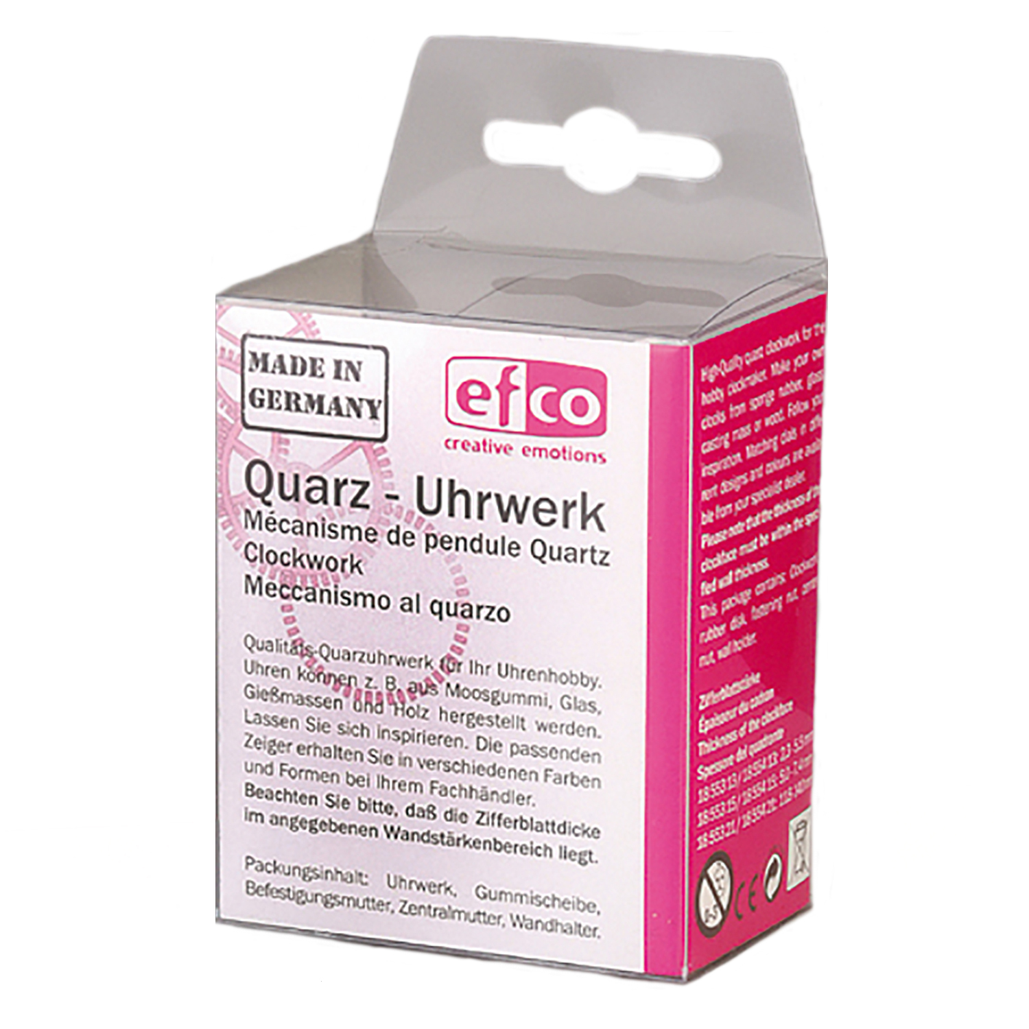 Quarzuhrwerk mit Zeiger 5-7,4mm von efco in einer rosa Verpackung mit mehrsprachiger Beschriftung.