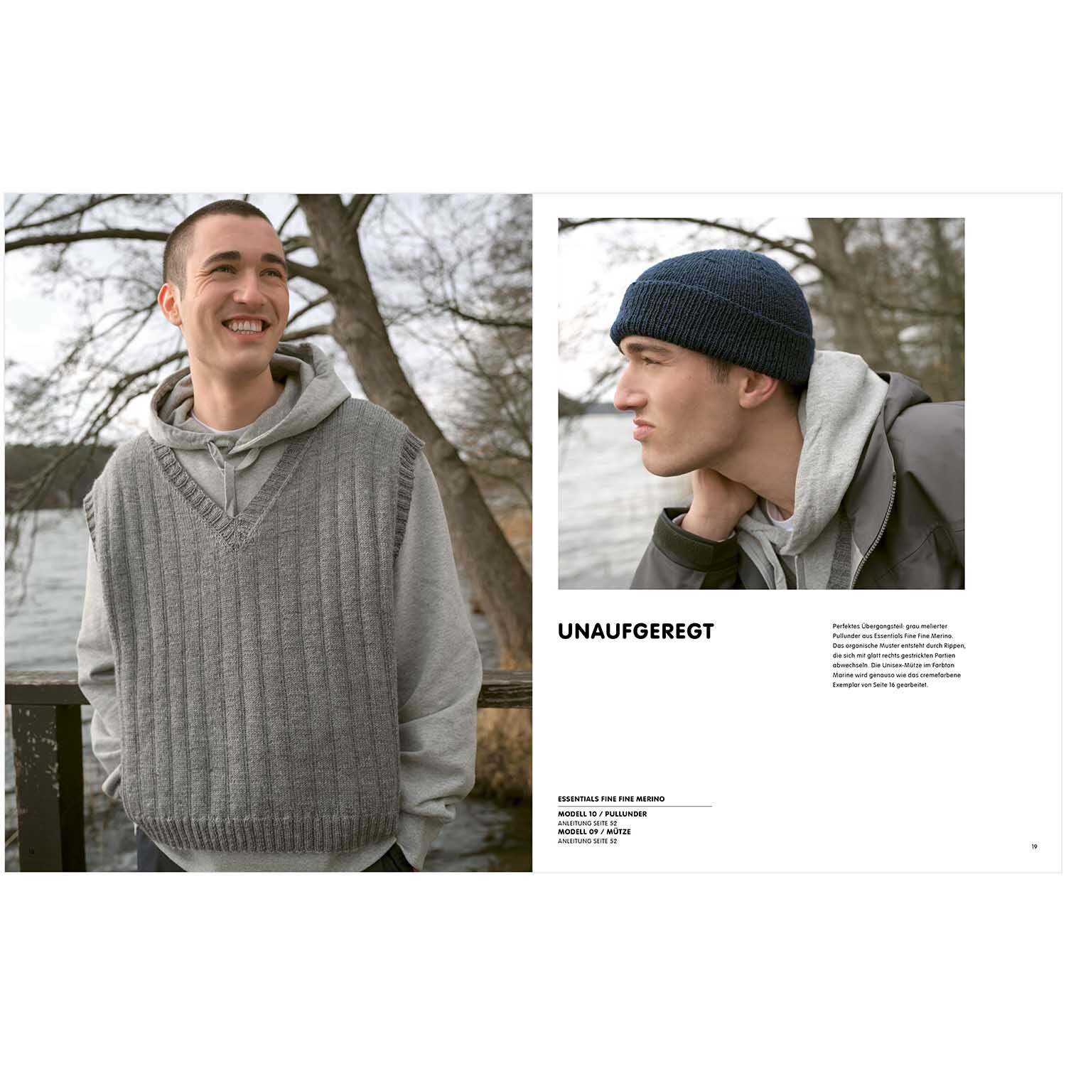 Luxury Knits Winter Special: Zwei Männer in grauen Strickwesten und Kapuzenpullovern am Seeufer.