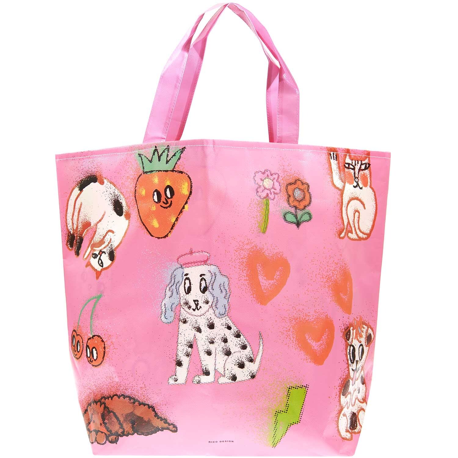 Paper Poetry Shopper Airbrush rosa mit bunten Cartoon-Tieren und Früchten, 54x43x20cm.