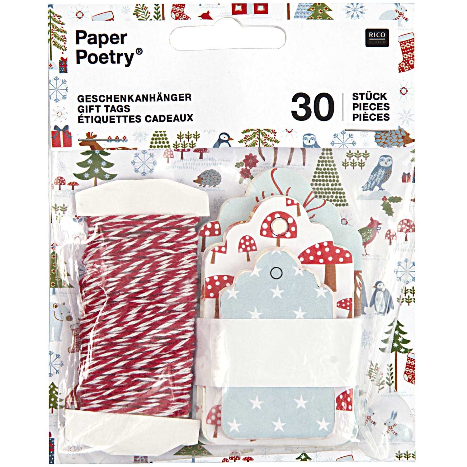 Paper Poetry Geschenkanhänger 30 Stück von Rico Design mit weihnachtlichen Motiven und rotem Band. Ideal für festliche Geschenkverpackungen.