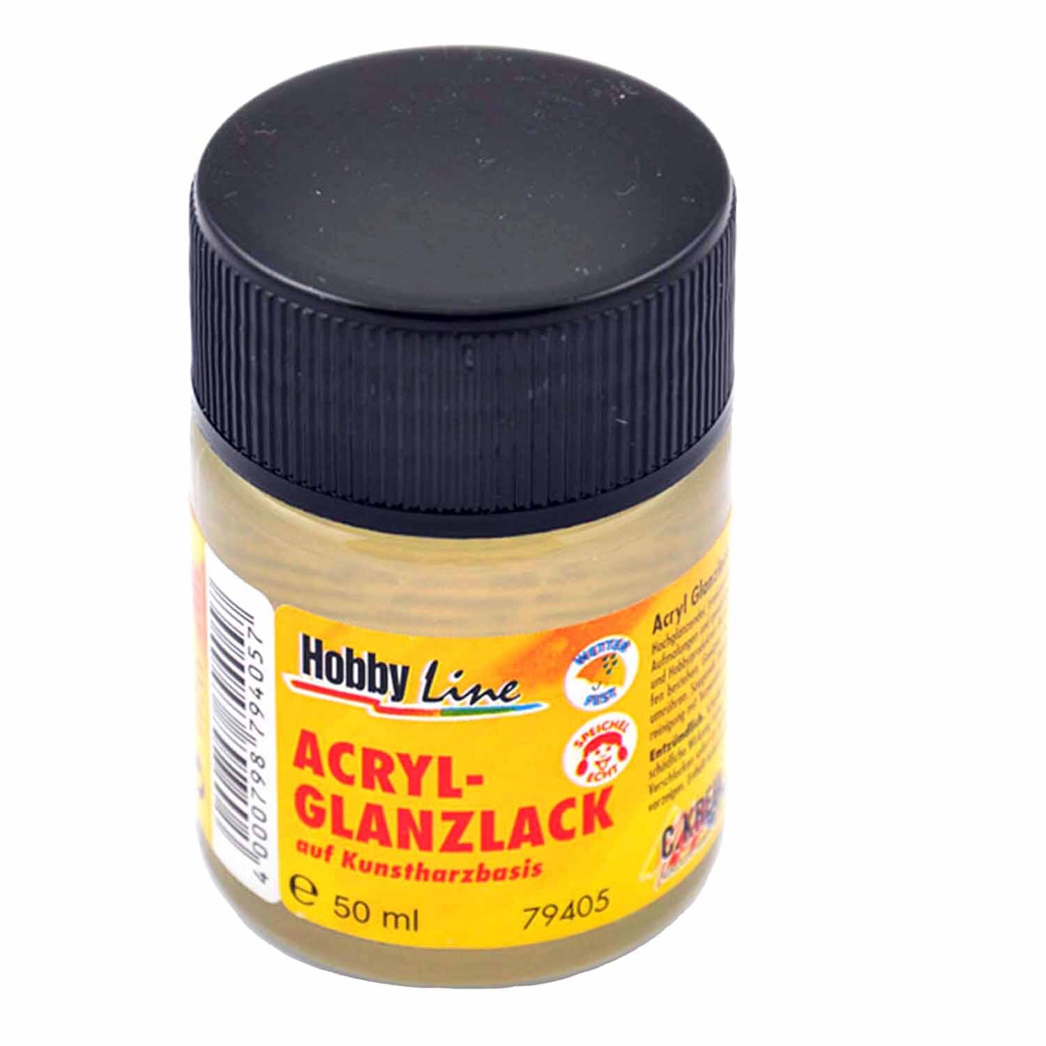 Acryl Seidenglanzlack transparent 50ml von KREUL, in einem kleinen, runden Behälter mit schwarzem Deckel.