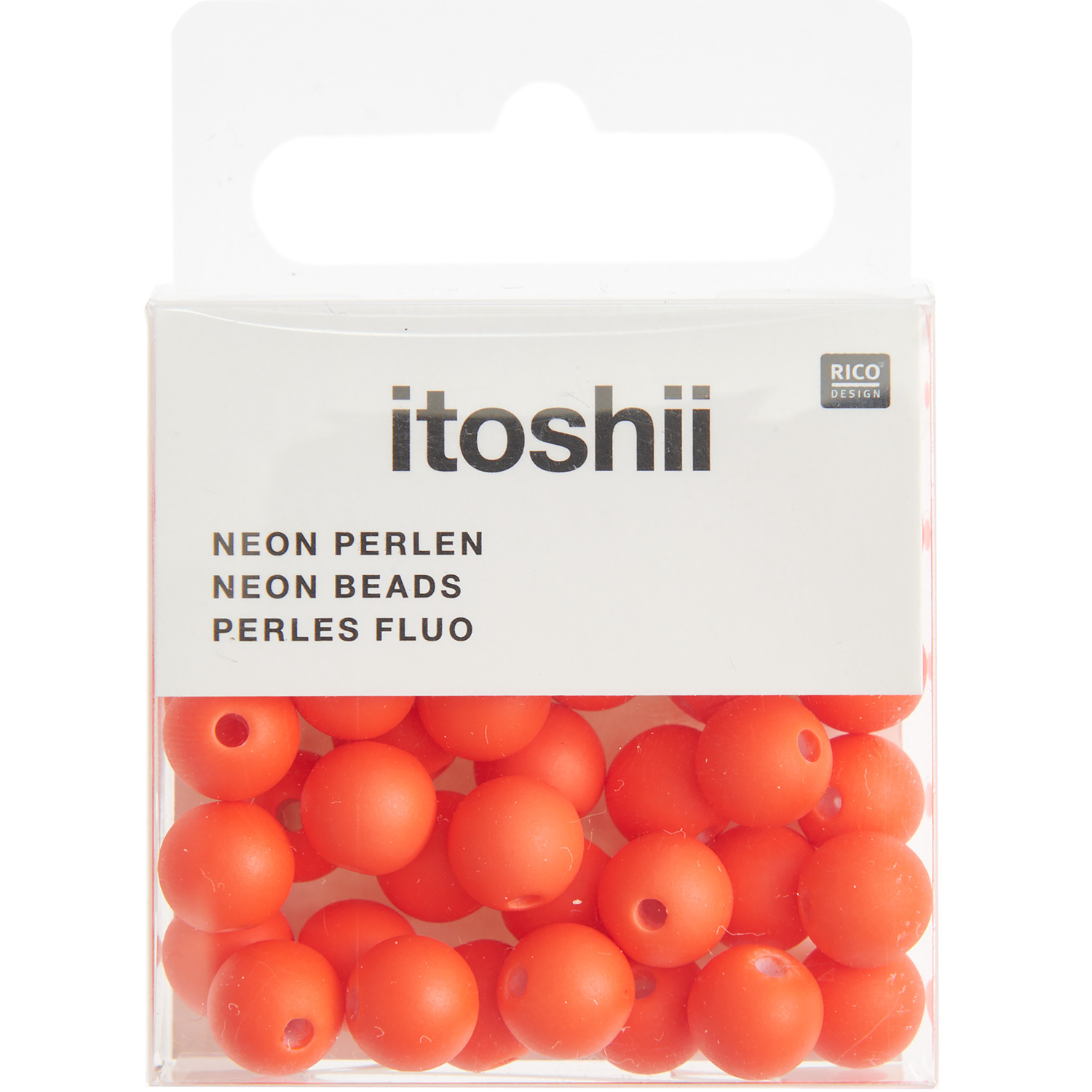 itoshii Kunststoffperlen neon 8mm, 40 Stück in leuchtendem Orange, ideal für kreative Bastelprojekte. Verpackt in einer transparenten Box.