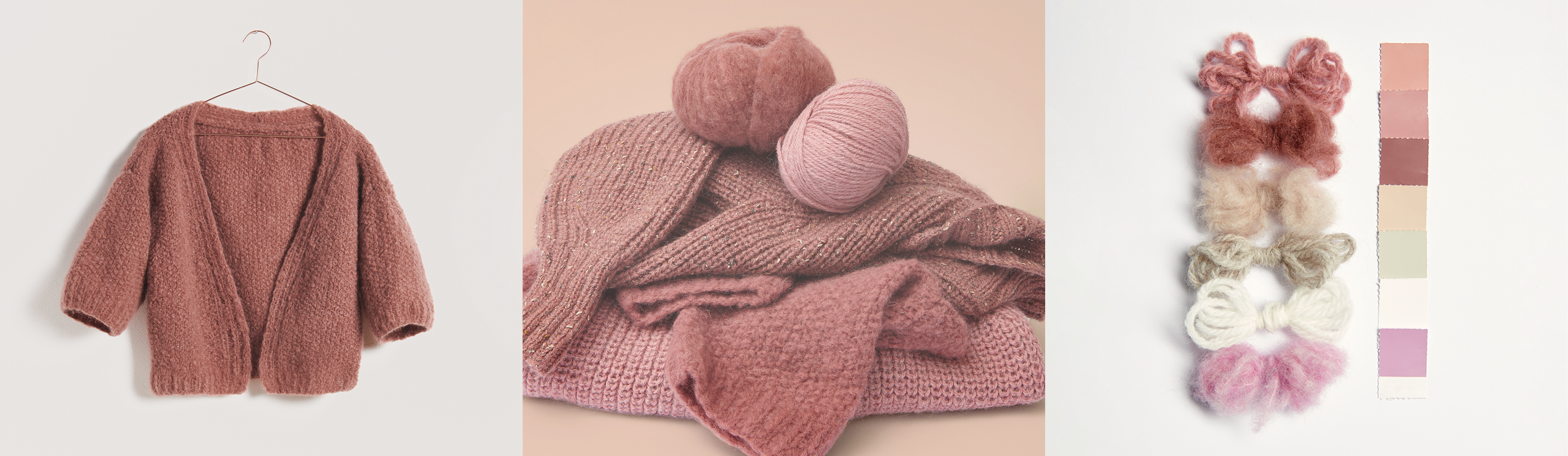 Drei Bilder nebeneinander. Eine altrosa gestrickte Jacke hängt an einem Kleiderbügel, altrosa gestrickte Artikel mit Garn und Garnstücke mit Stoffstücken farblich sortiert.