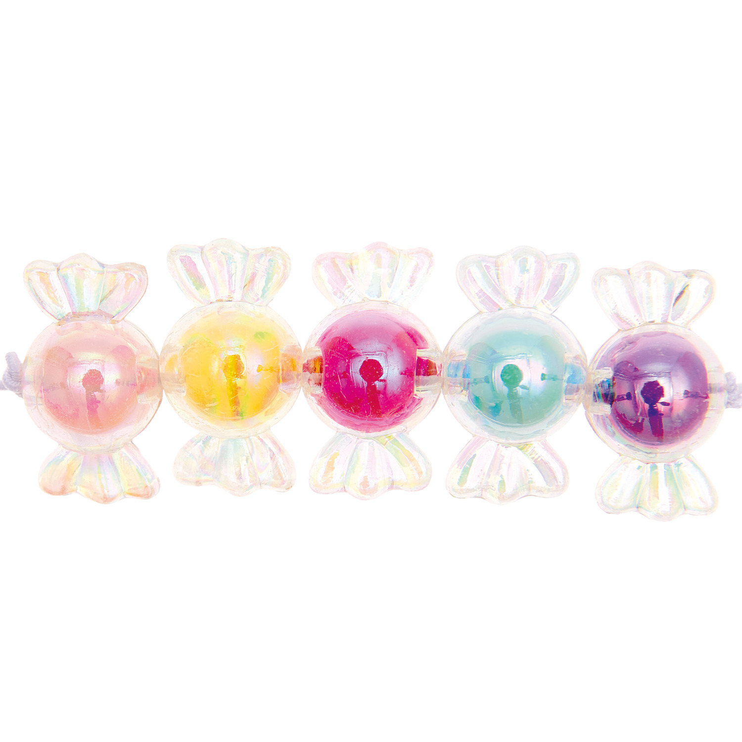 itoshii Bonbon Perlen transparent mit Farbeinzug, 22x12x12mm, 6 Stück, in Regenbogenfarben.