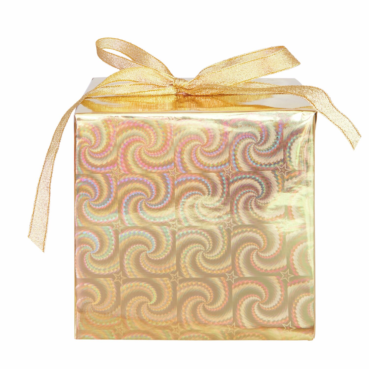 Paper Poetry Geschenkpapier holographisch mit Sternen umhüllt ein quadratisches Paket, verziert mit einer goldenen Schleife.