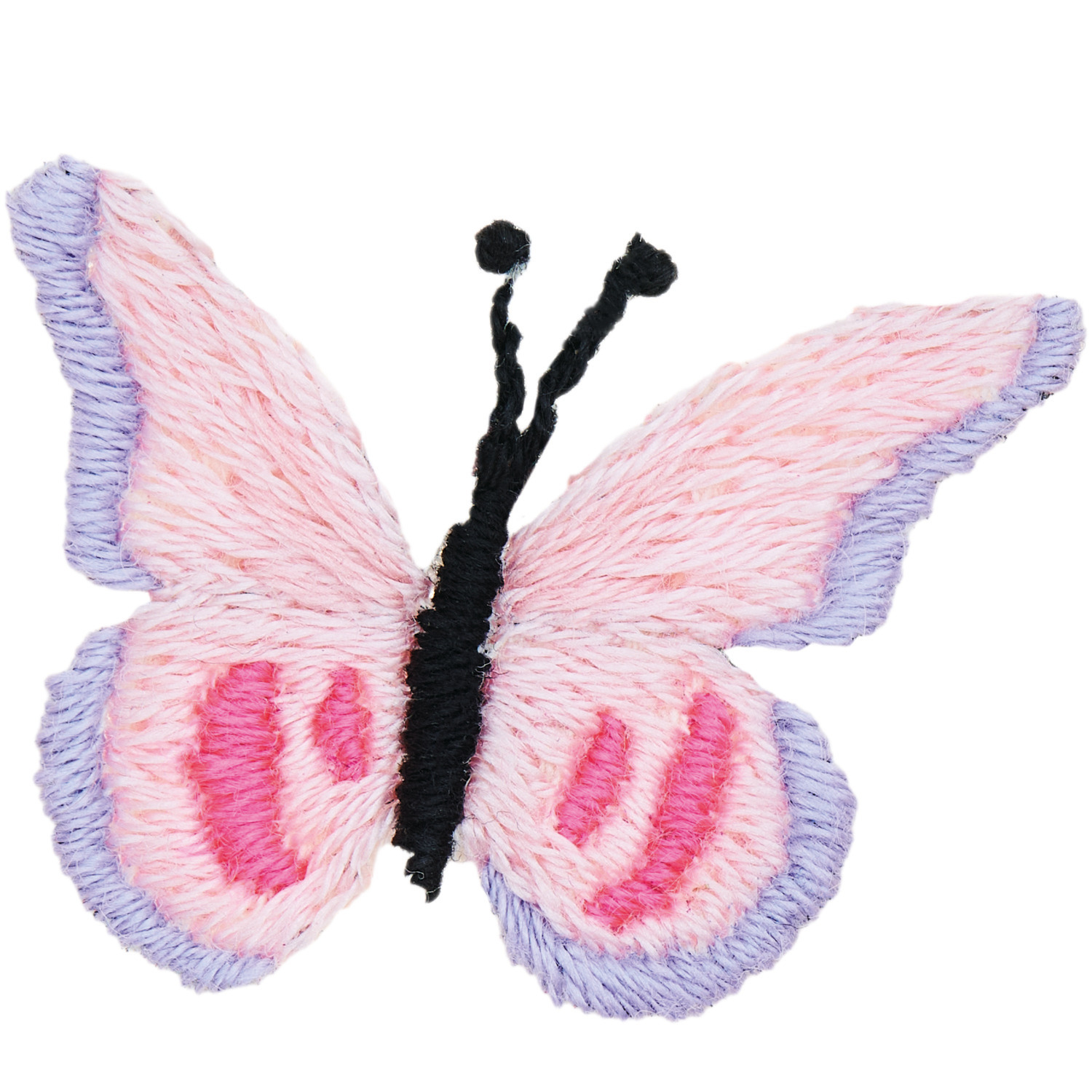 Stick and Stitch Schmetterlinge von Rico Design: Ein gestickter Schmetterling in Rosa und Lila.