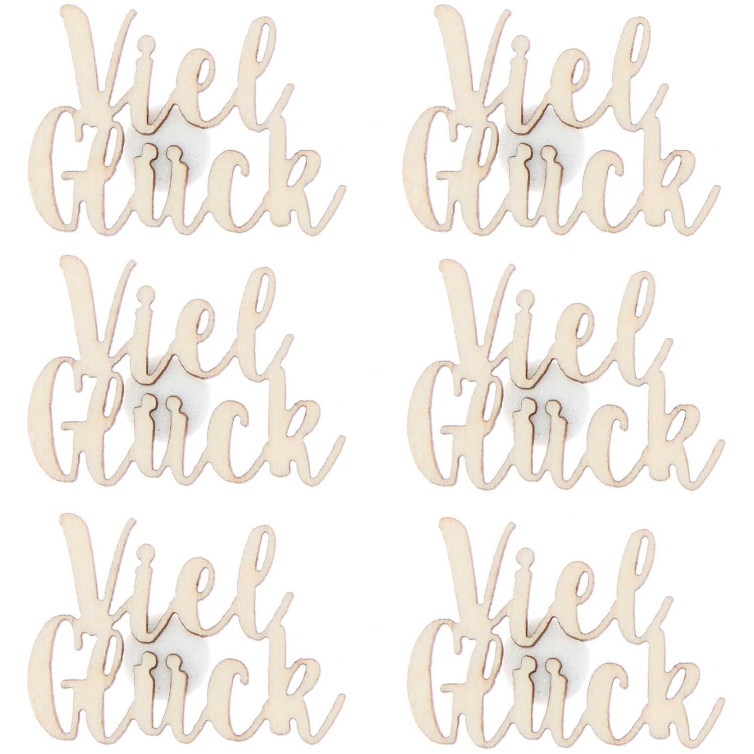 Holzsticker "Viel Glück" in natürlichem Holzton, 30x22mm, 4 Stück von Rico Design, dekorativ gestaltet.