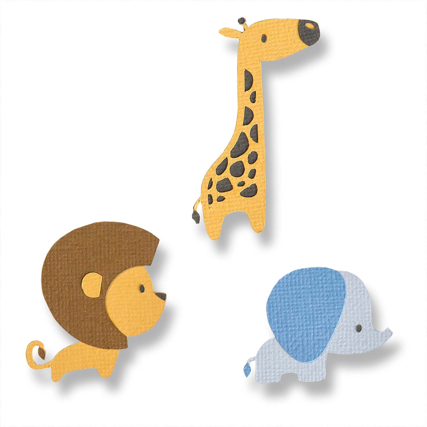 Thinlits Die Set Baby Jungle Animals zeigt eine Giraffe, einen Löwen und einen Elefanten. Ideal für kreative Bastelprojekte.