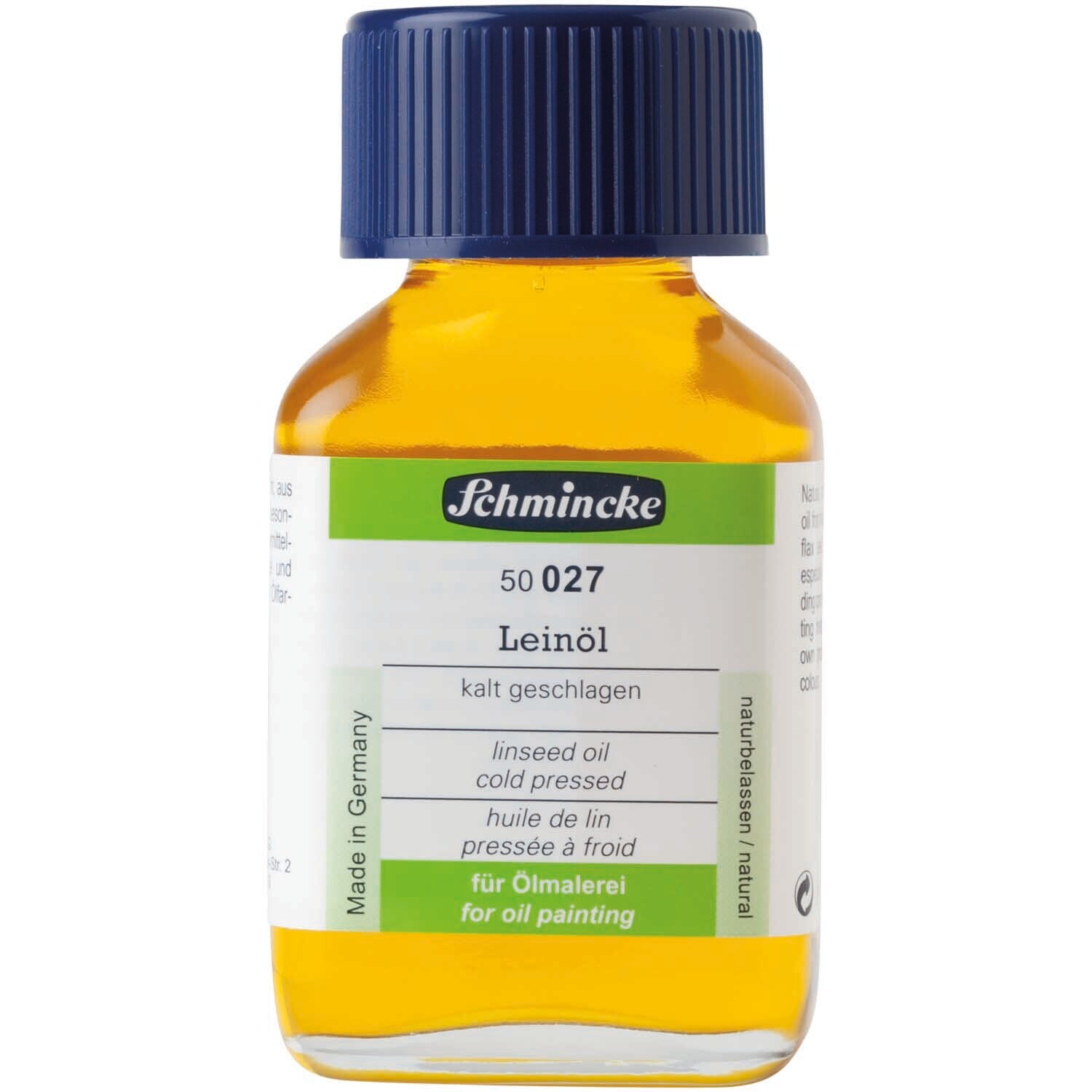 Leinöl kalt geschlagen 60ml von Schmincke in einer transparenten Flasche mit blauem Deckel. Ideal für die Ölmalerei.