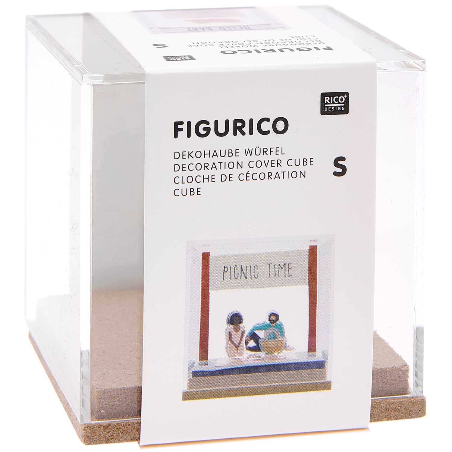 Figurico Dekohaube Würfel von Rico Design, transparent mit Miniatur-Szene "Picnic Time". Ideal für stilvolle Dekorationen.