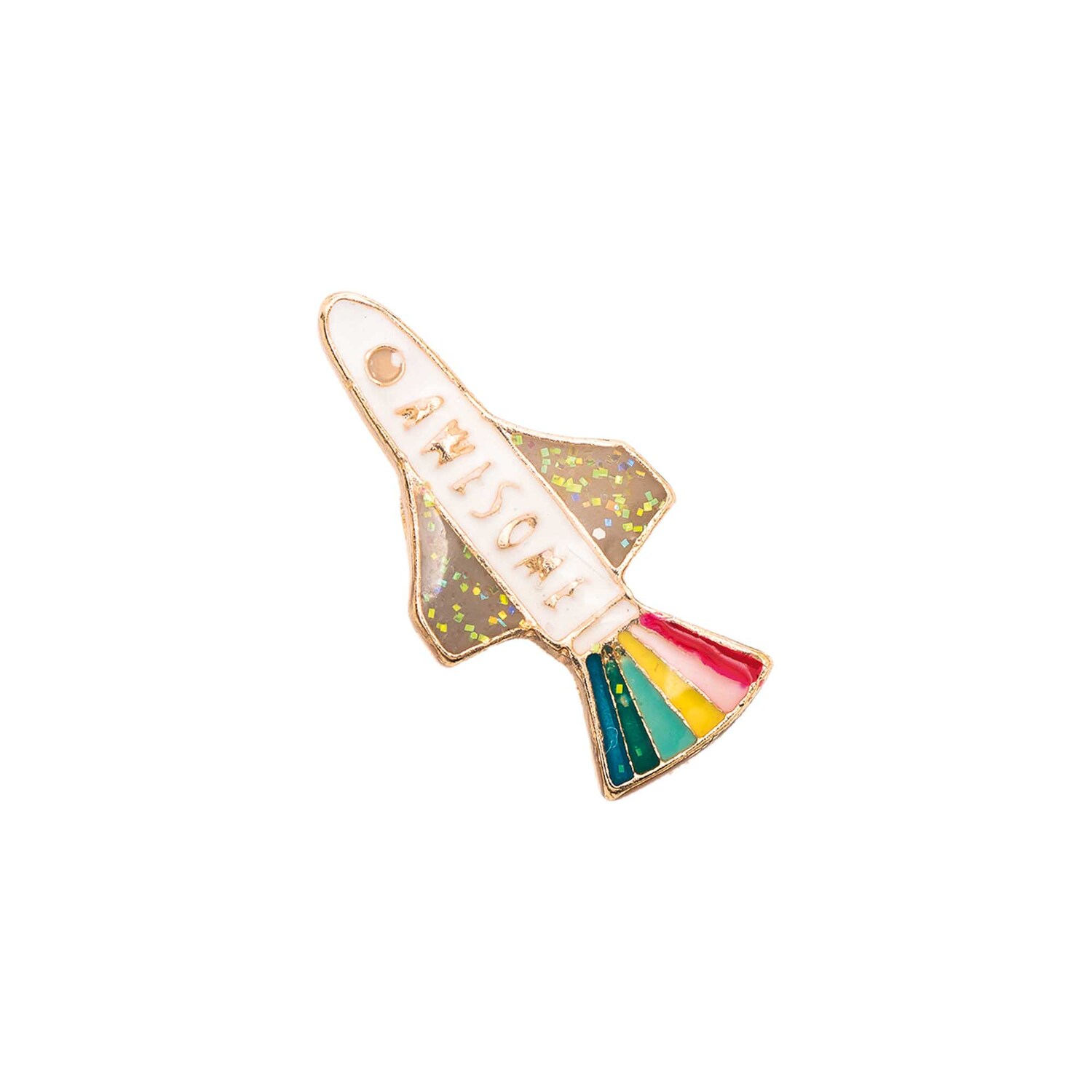 Pin Rakete 24x14mm von Rico Design zeigt eine bunte Rakete mit goldenen Details auf weißem Hintergrund.