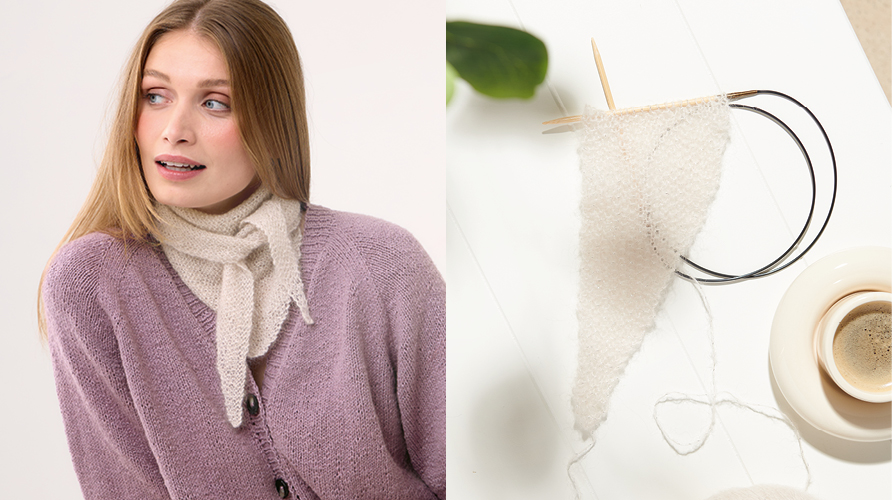 Zwei Bilder nebeneinander. Eine Frau trägt ein Dreieckstuch aus einem hellen Garn gestrickt und eine Strickjacke aus einem lila Garn und ein Strickstück mit Rundstricknadel.