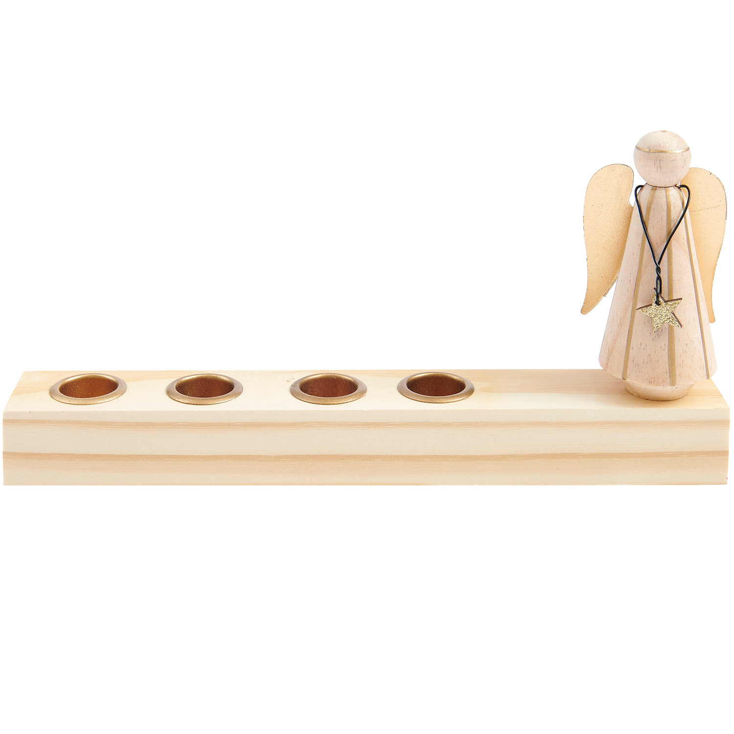 Adventskerzenhalter mit Engel aus Holz, 27x4,5x13cm, von Rico Design, naturfarben, ideal für festliche Dekoration.