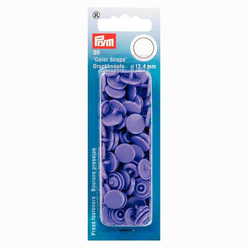 Color Snaps Druckknöpfe in flieder von Prym, 12,4mm, 30 Stück in einer blauen Verpackung.