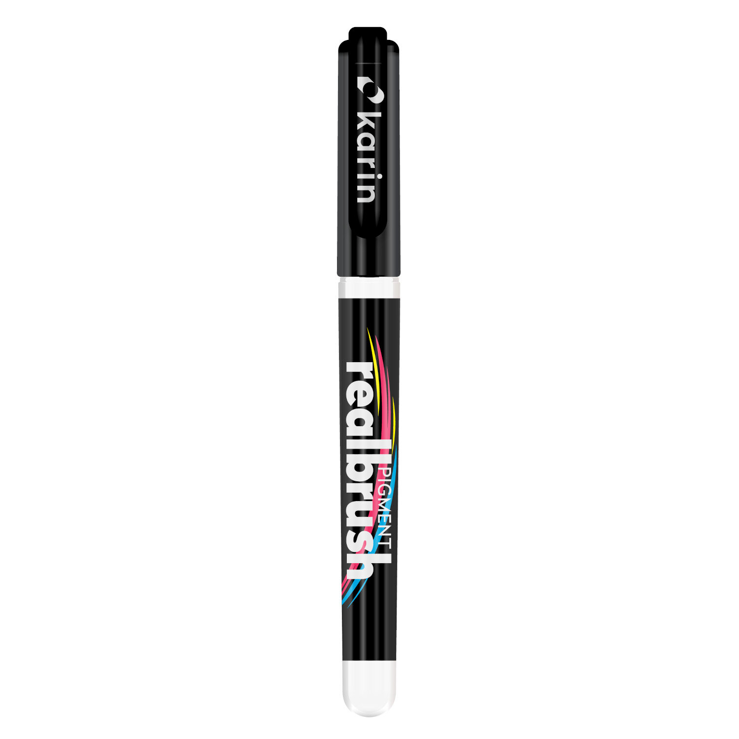 Realbrush Pigment Marker von Karin in Schwarz mit weißer Spitze, ideal für präzises Zeichnen.